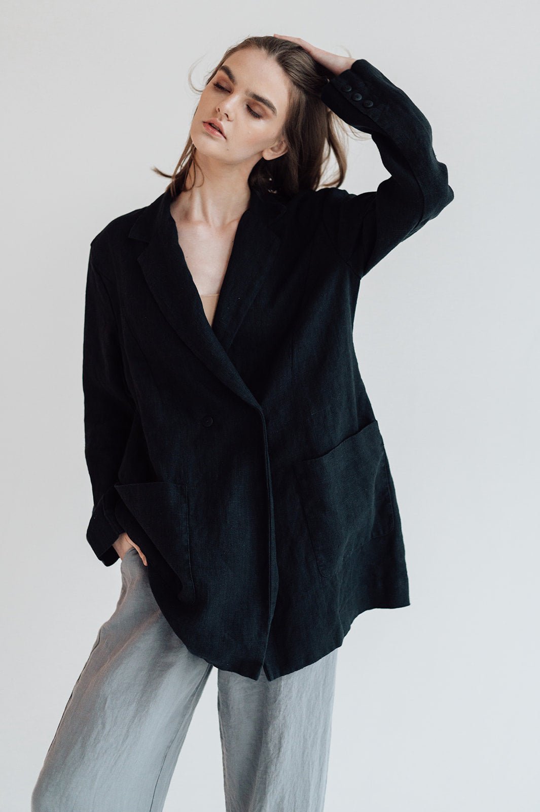 RAW double breasted jacket antique white heavy linen - MOO Linen Shop