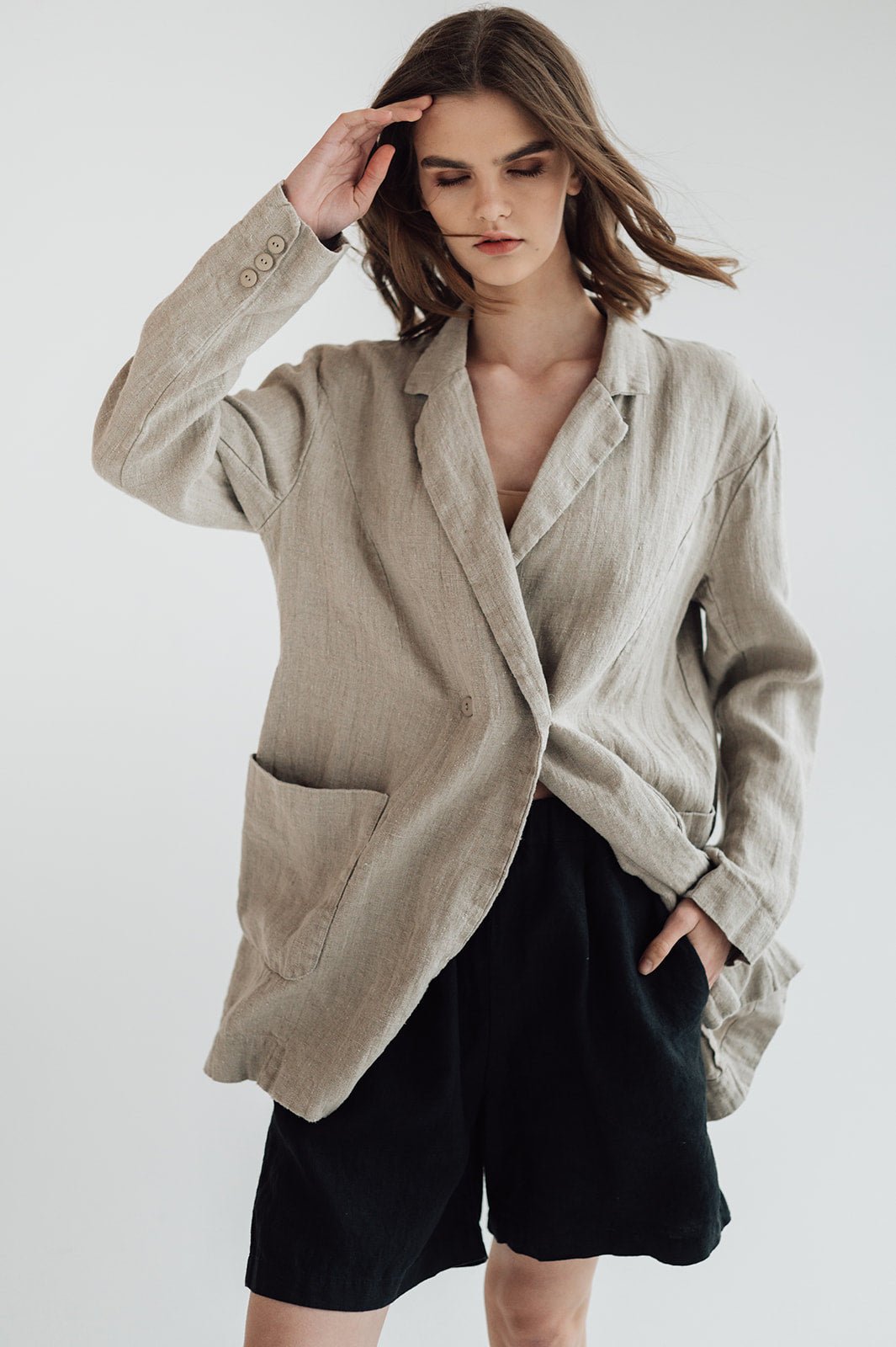 RAW double breasted jacket antique white heavy linen - MOO Linen Shop