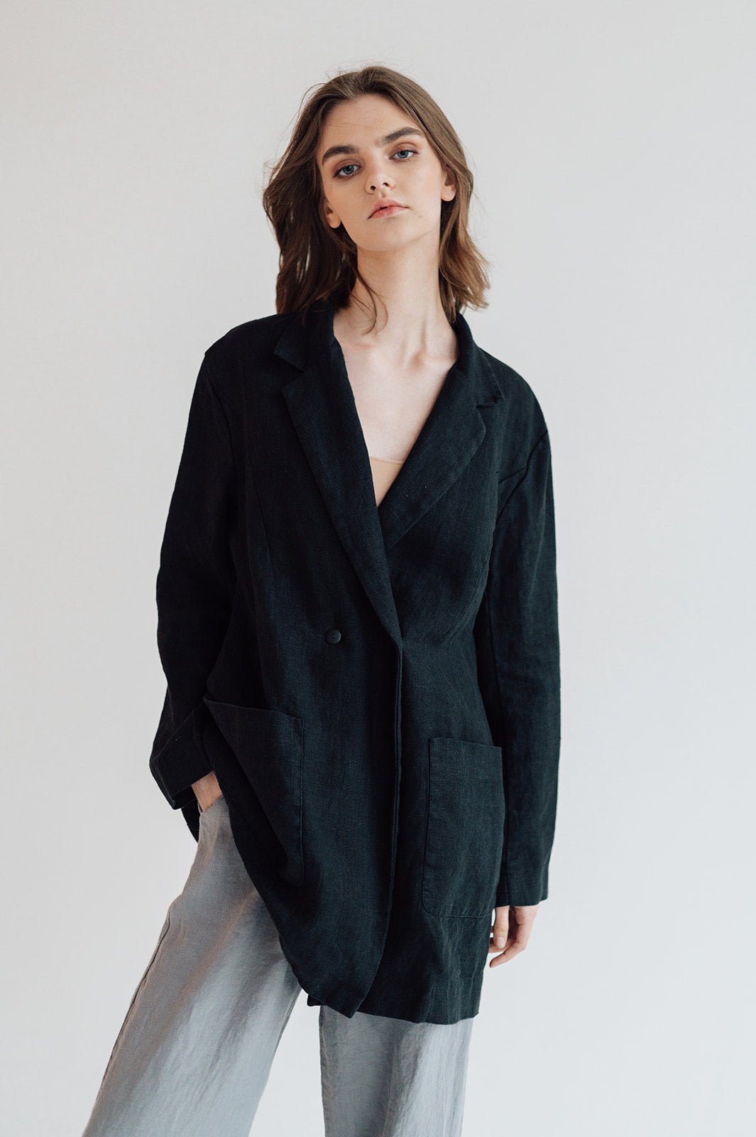 RAW double breasted jacket antique white heavy linen - MOO Linen Shop