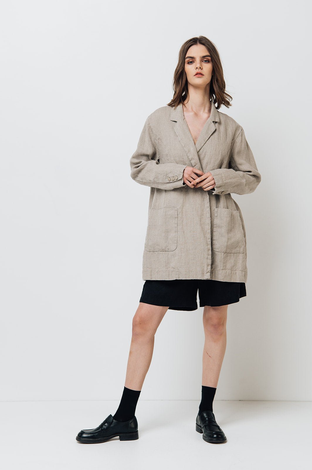 RAW double breasted jacket antique white heavy linen - MOO Linen Shop