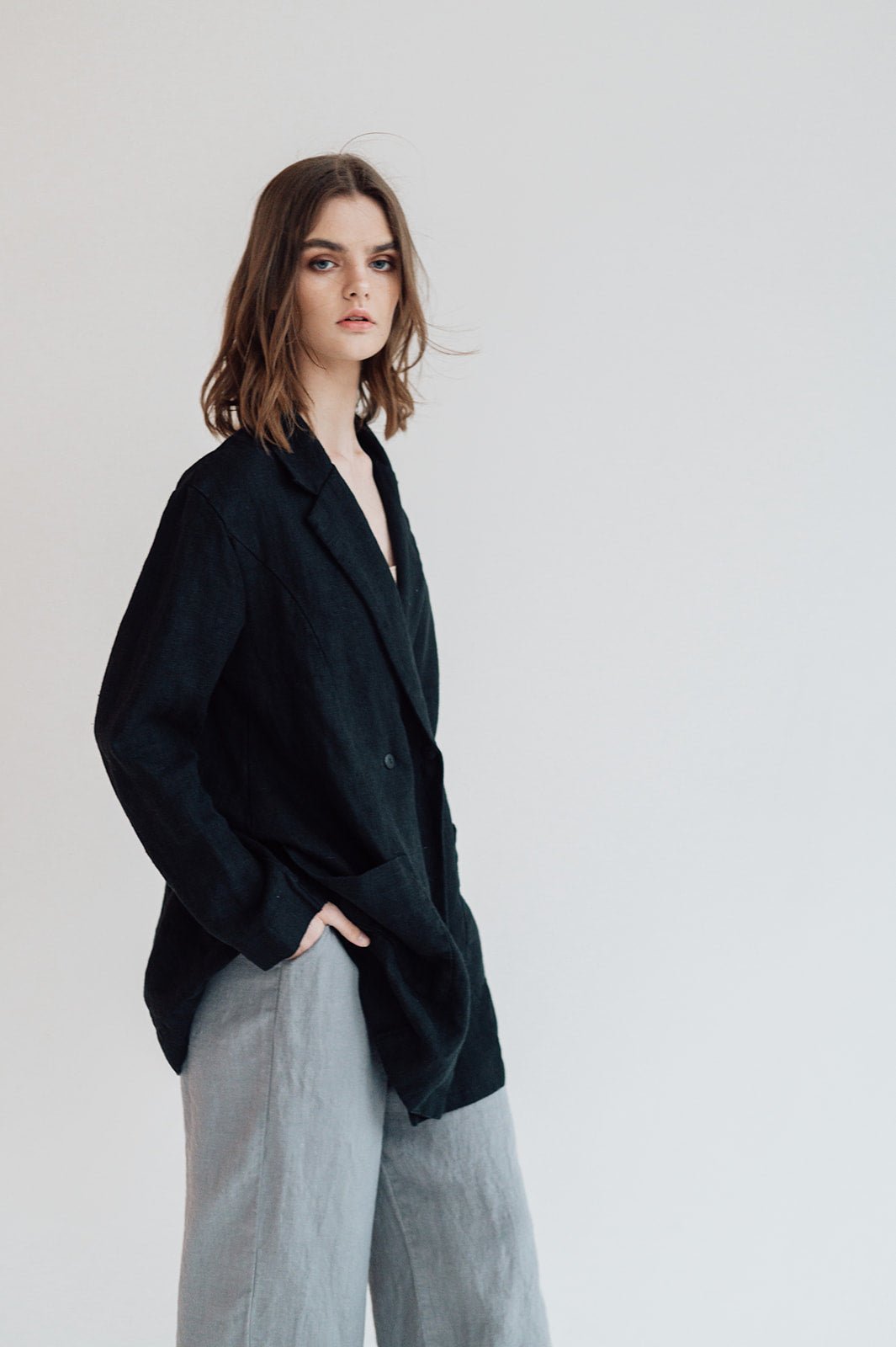 RAW double breasted jacket antique white heavy linen - MOO Linen Shop