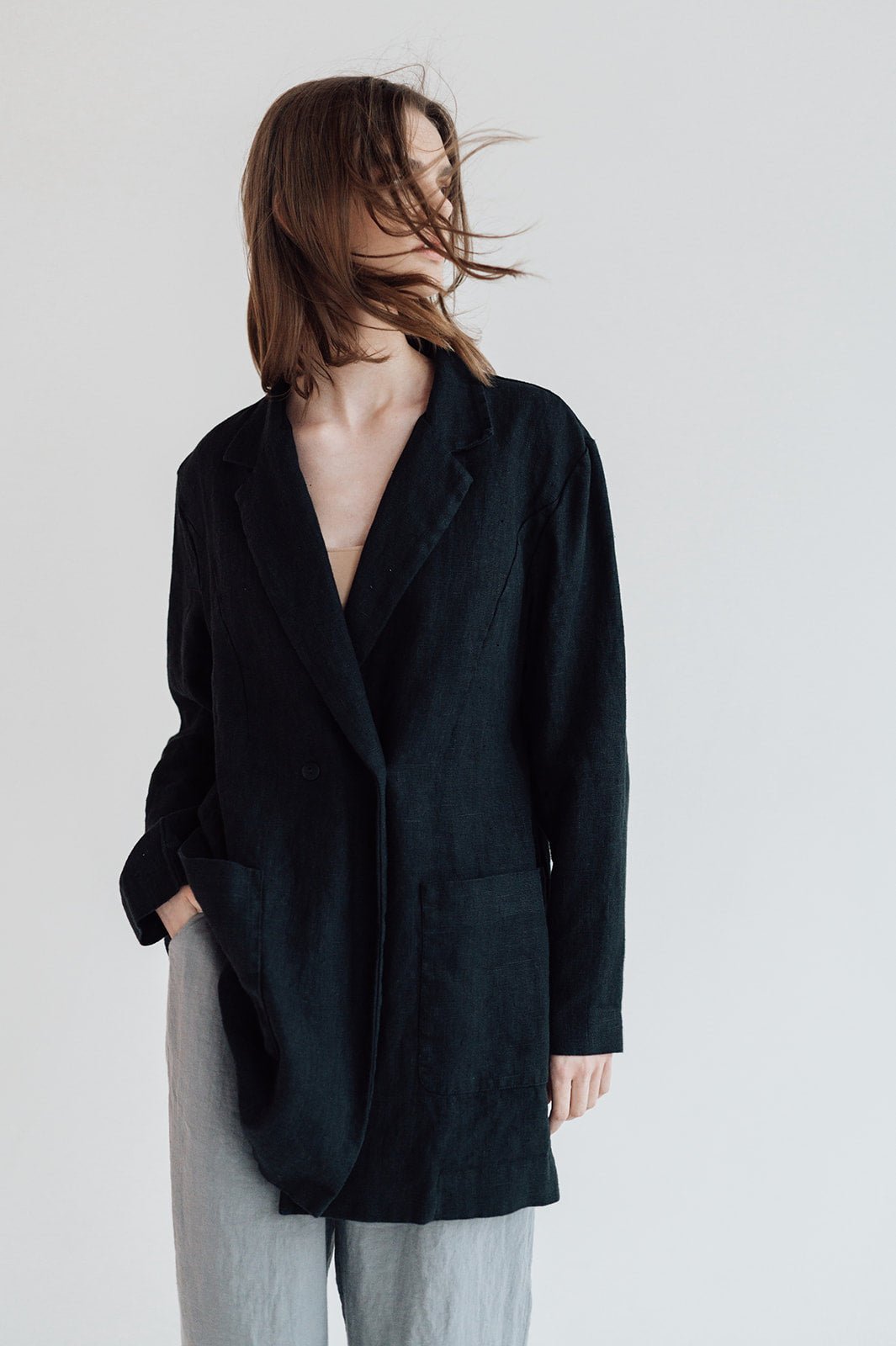 RAW double breasted jacket antique white heavy linen - MOO Linen Shop