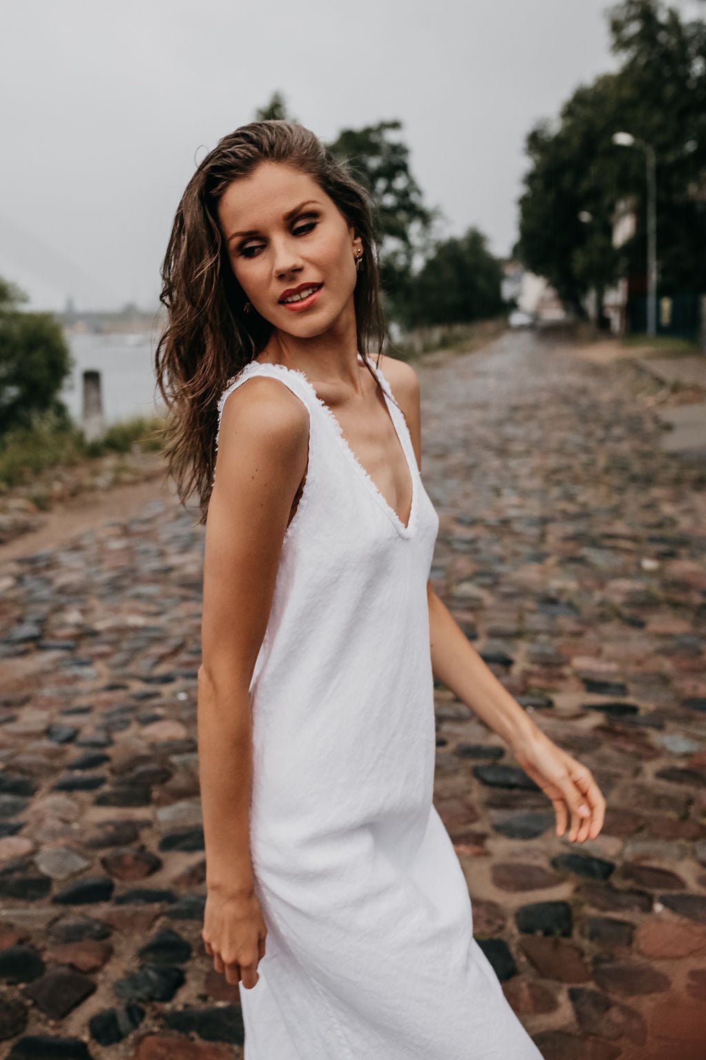 ROM bias cut dress cream - MOO Linen Shop