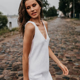 ROM bias cut dress cream - MOO Linen Shop