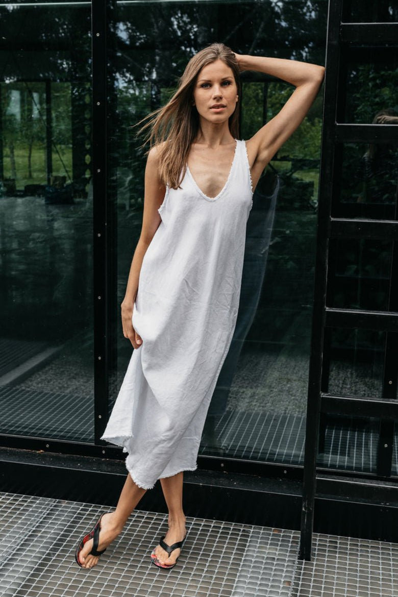 ROM bias cut dress cream - MOO Linen Shop