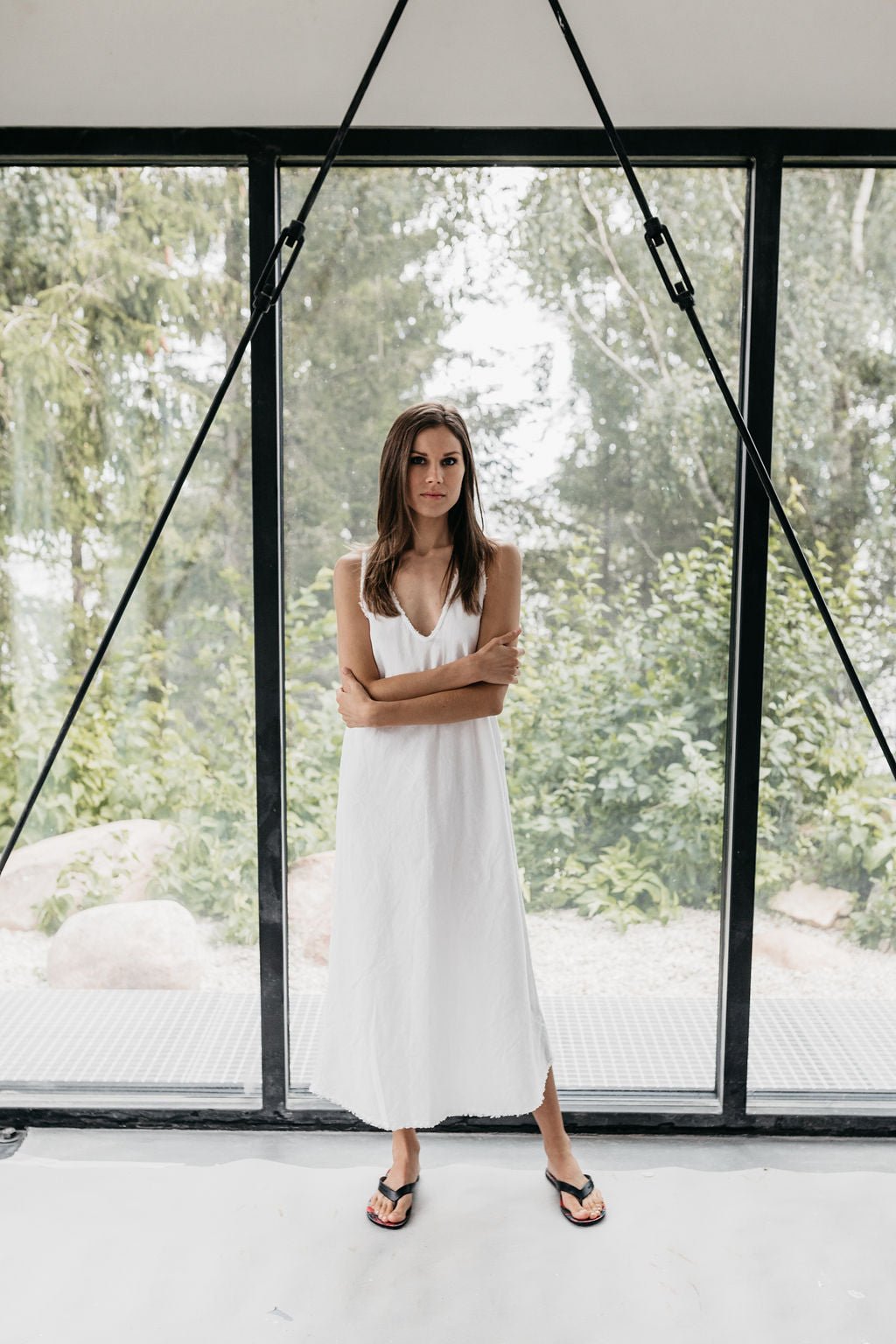 ROM bias cut dress cream - MOO Linen Shop