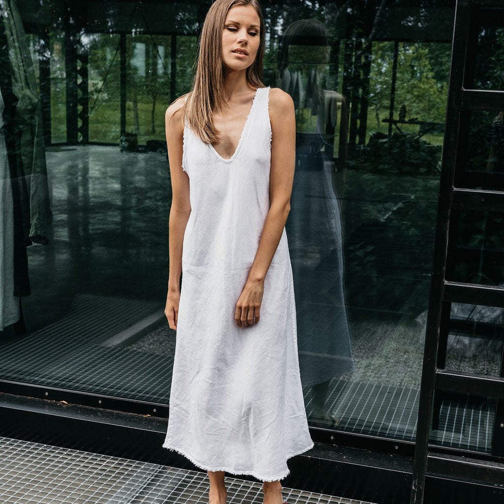 ROM bias cut dress cream - MOO Linen Shop