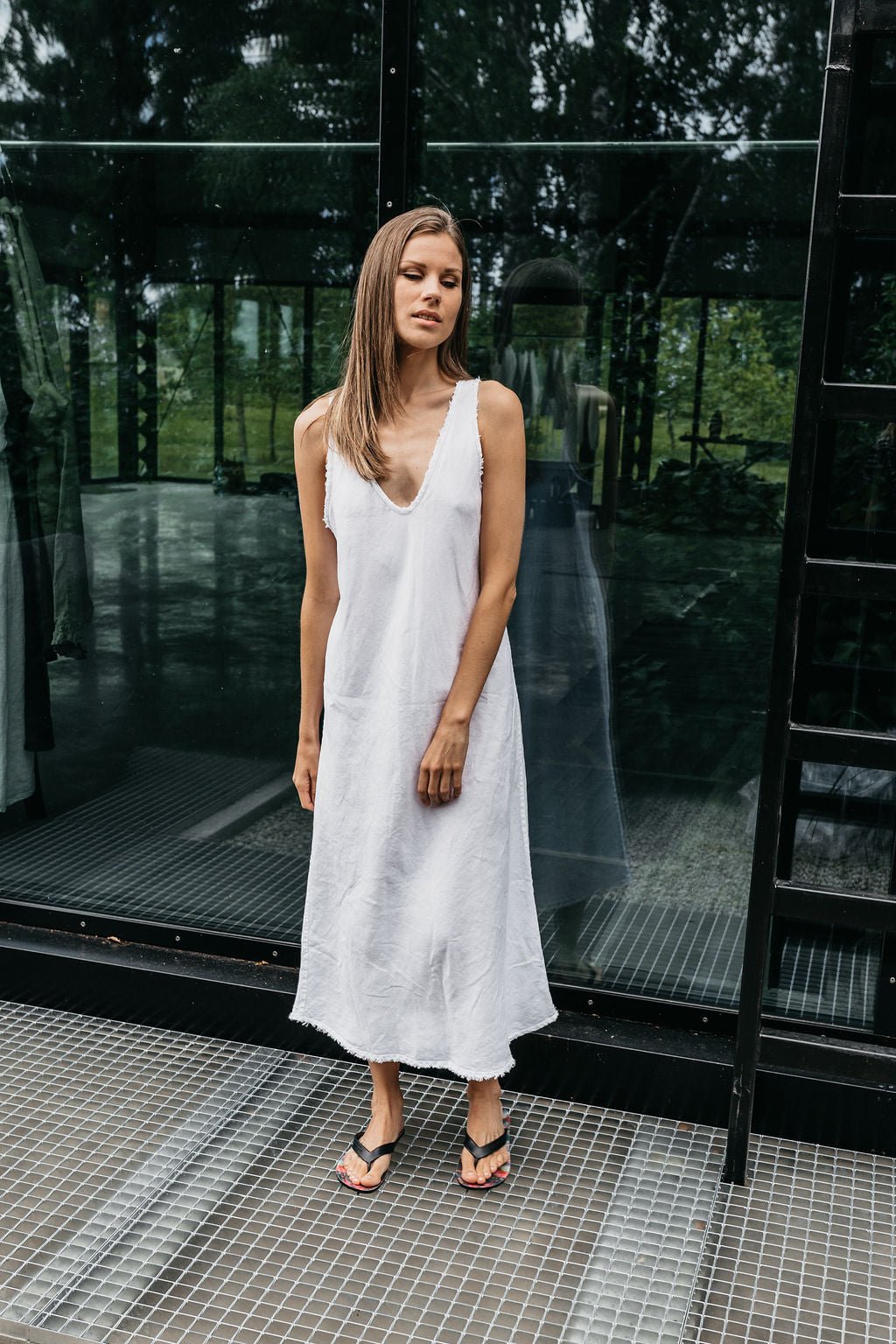 ROM bias cut dress cream - MOO Linen Shop