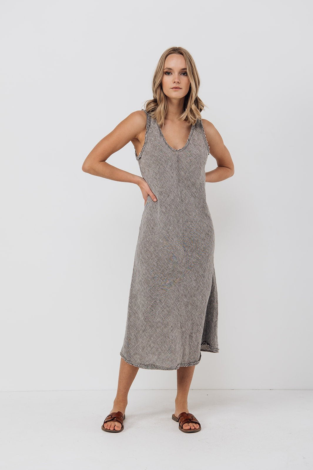 ROM bias cut dress cream - MOO Linen Shop