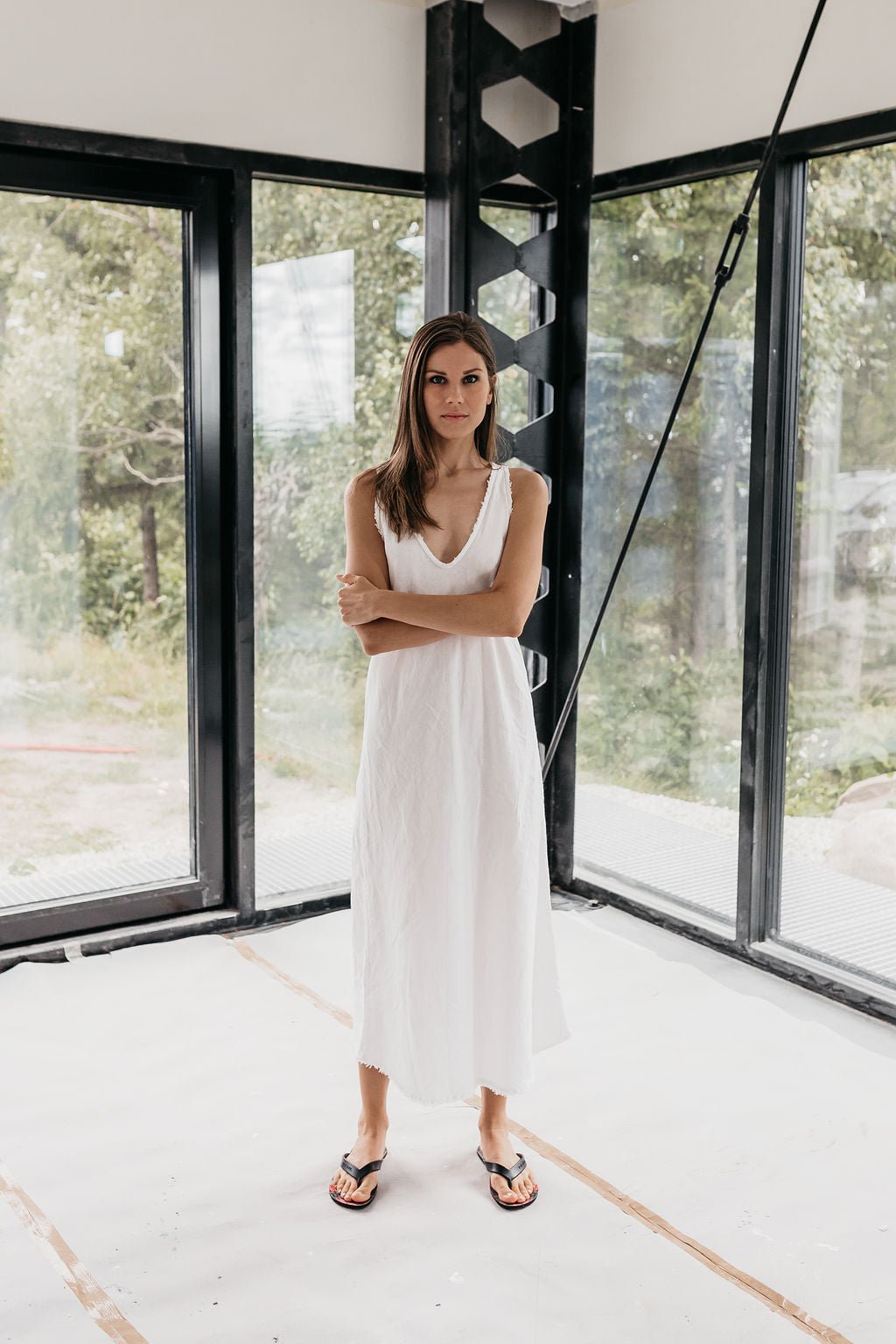 ROM bias cut dress cream - MOO Linen Shop