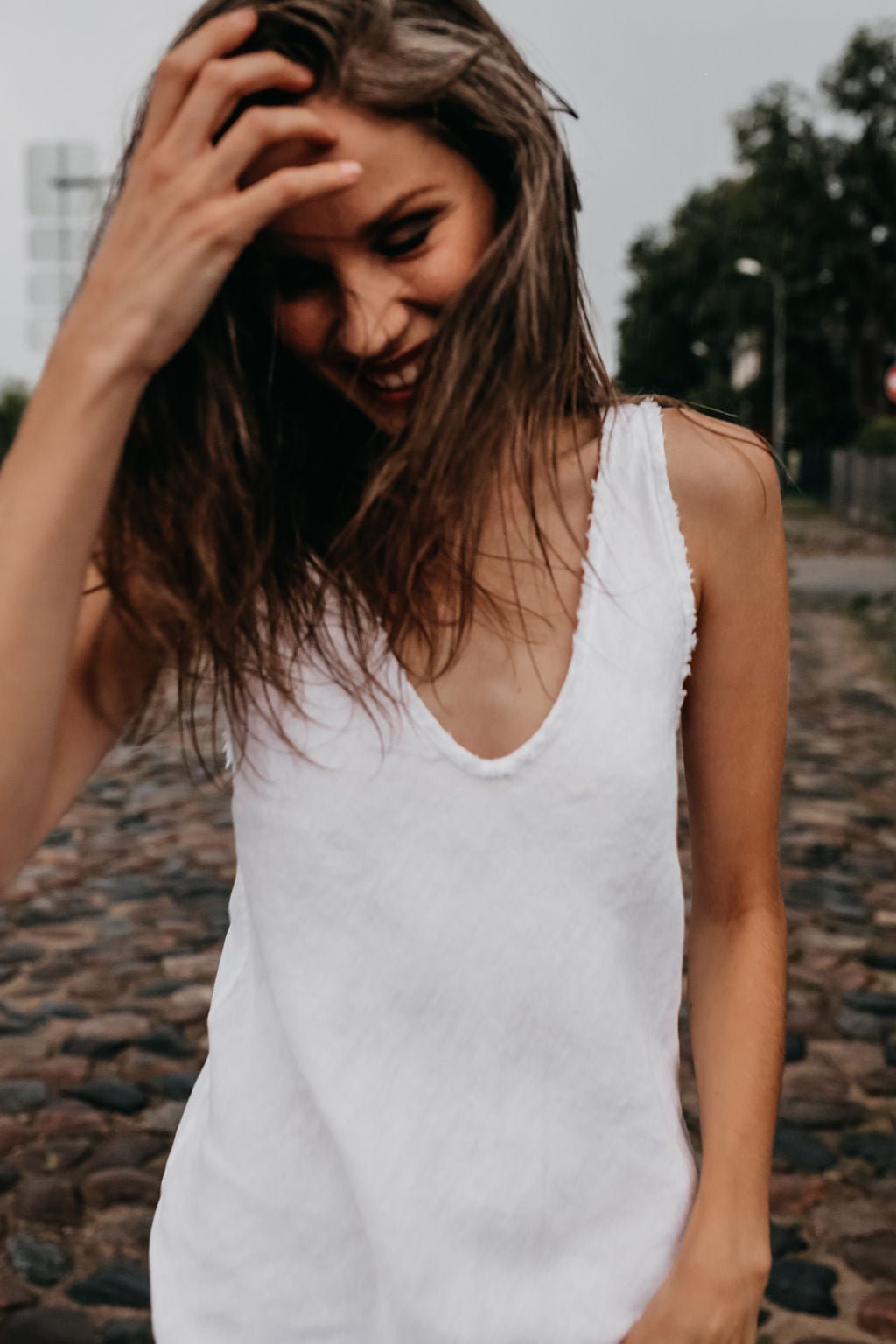 ROM bias cut dress cream - MOO Linen Shop