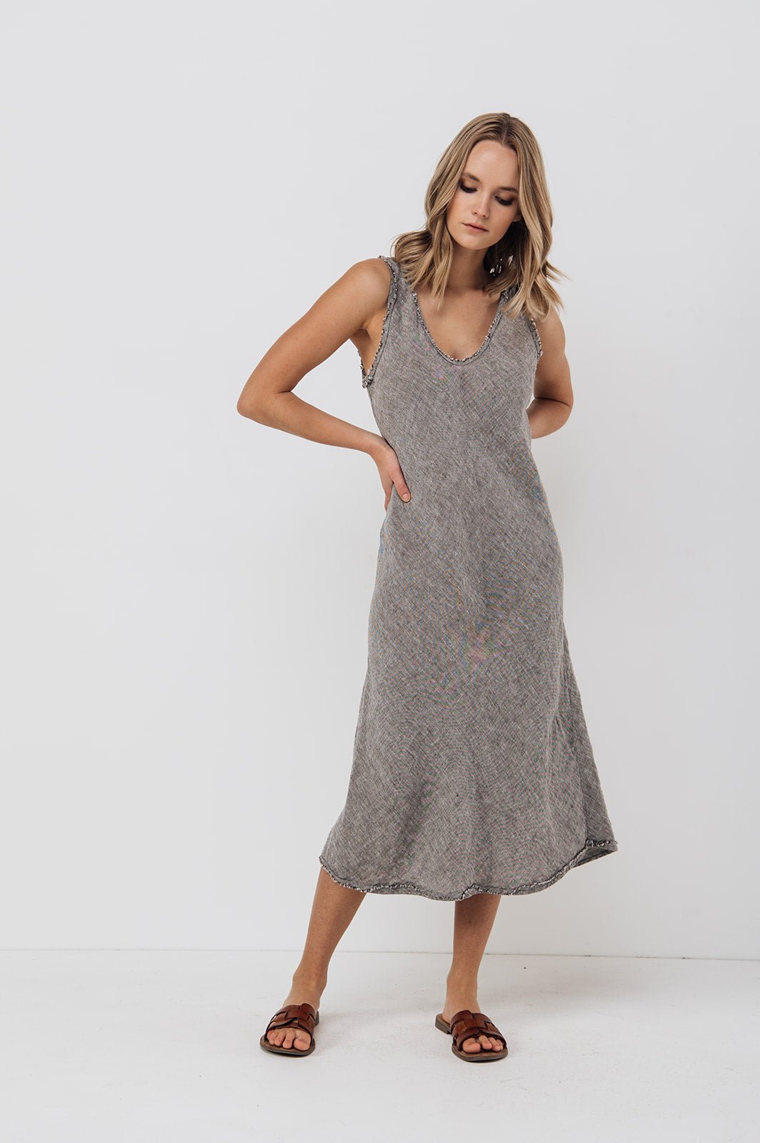 ROM bias cut dress cream - MOO Linen Shop