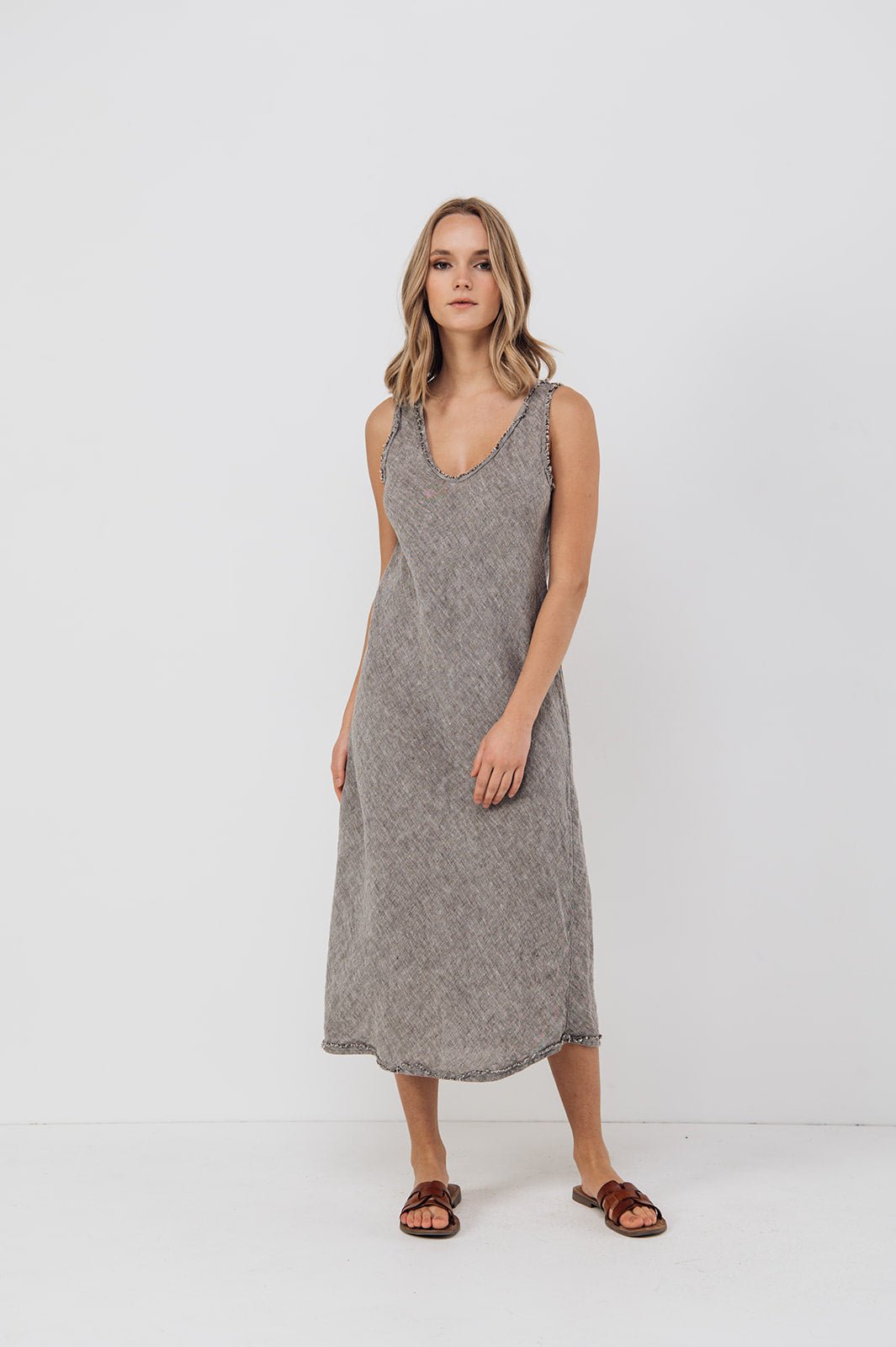 ROM bias cut dress cream - MOO Linen Shop