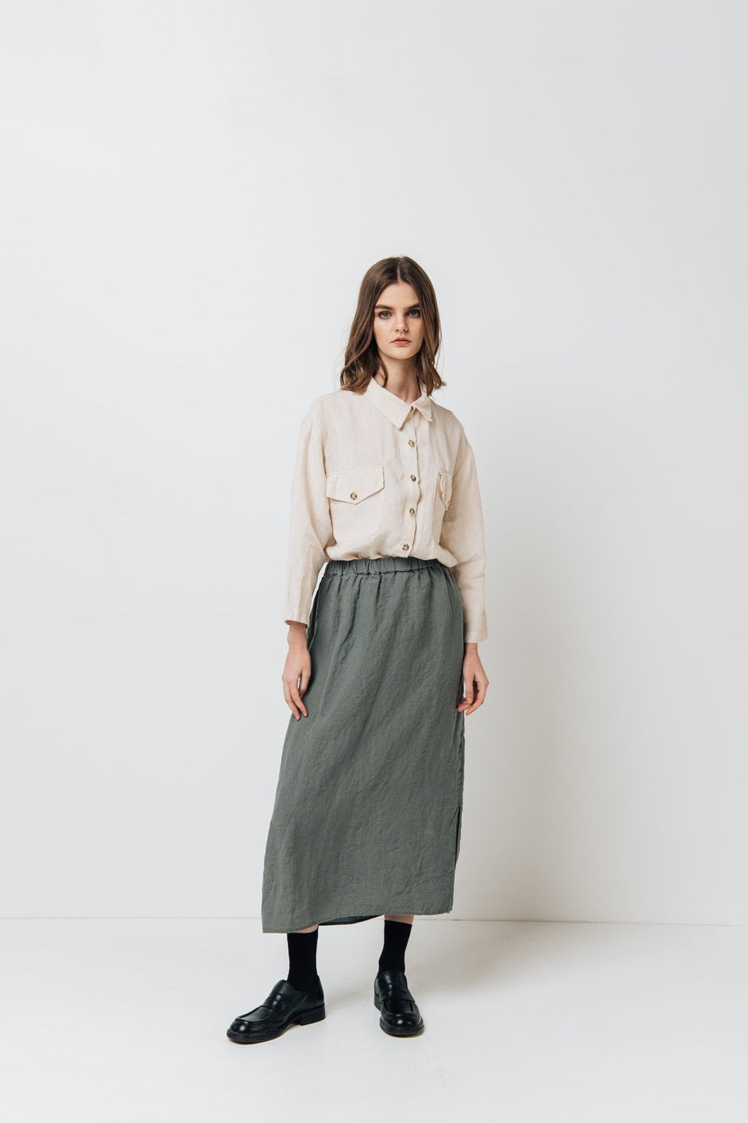 RUBY midi skirt moss green - MOO Linen Shop