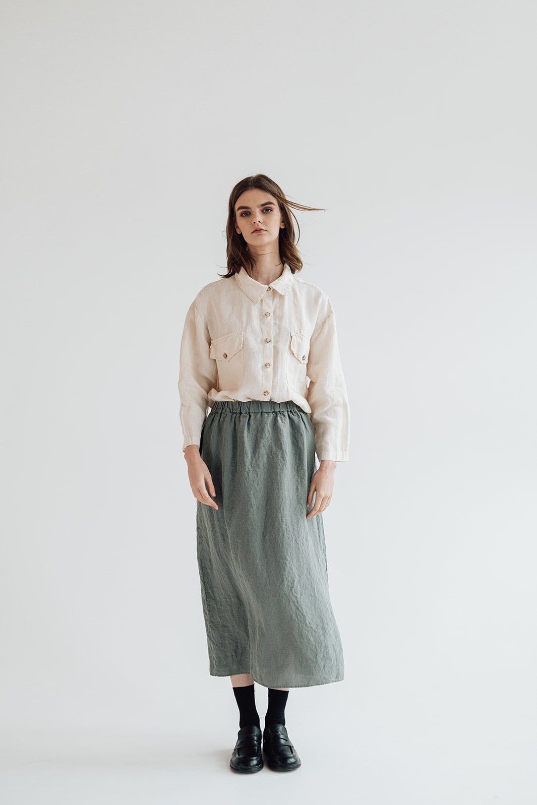 RUBY midi skirt moss green - MOO Linen Shop