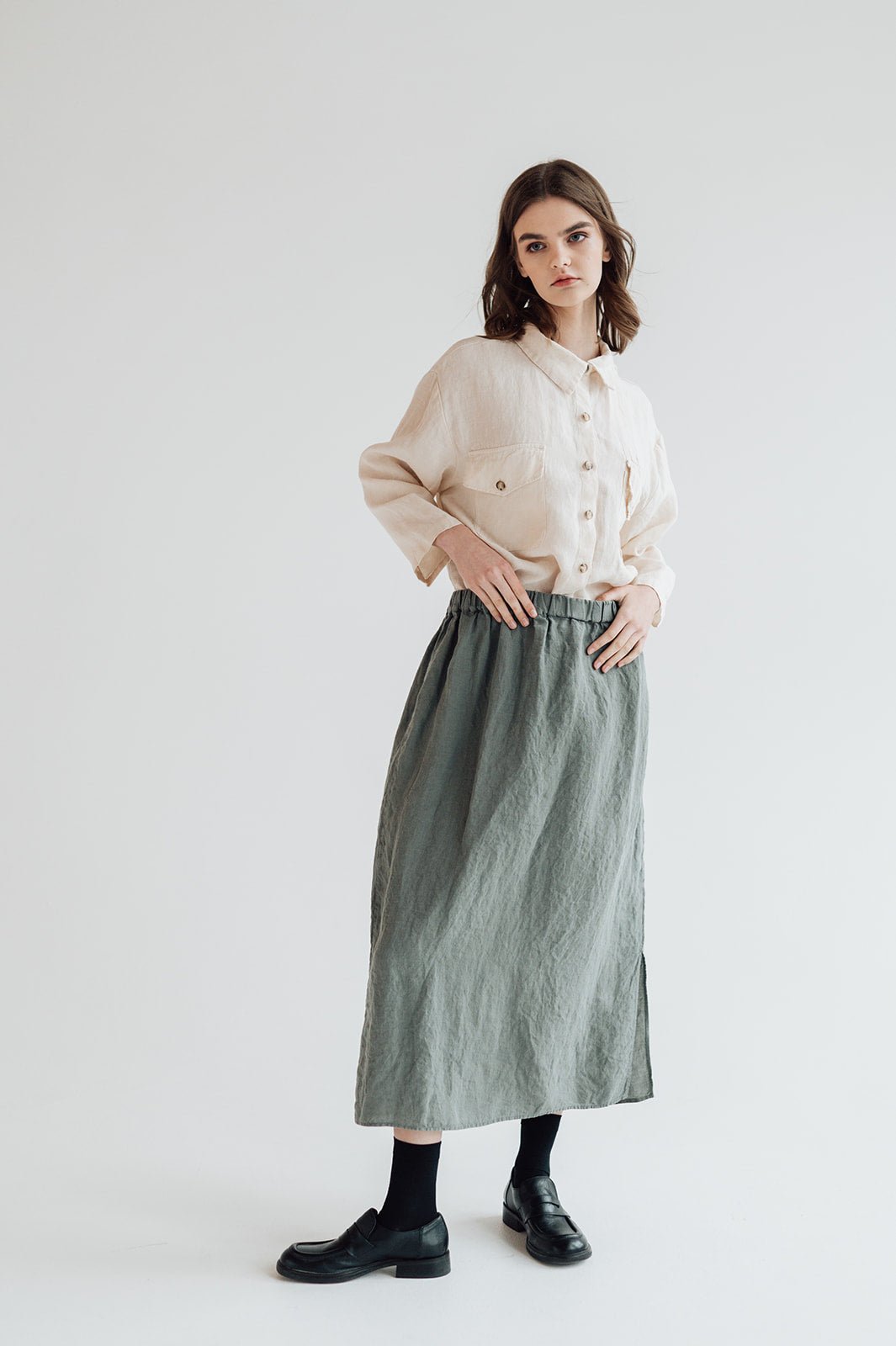 RUBY midi skirt moss green - MOO Linen Shop