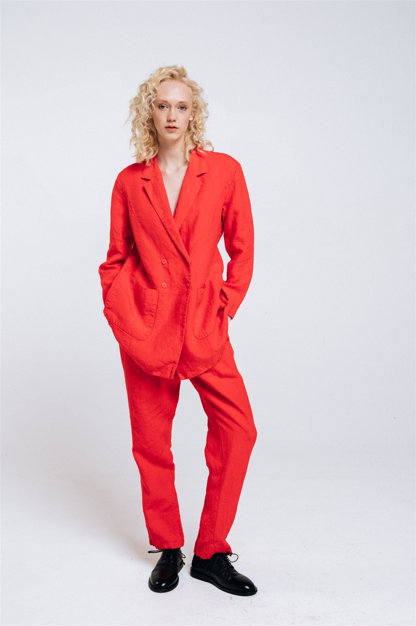 SANDER tailored pants and linen blazer coral red - MOO Linen Shop