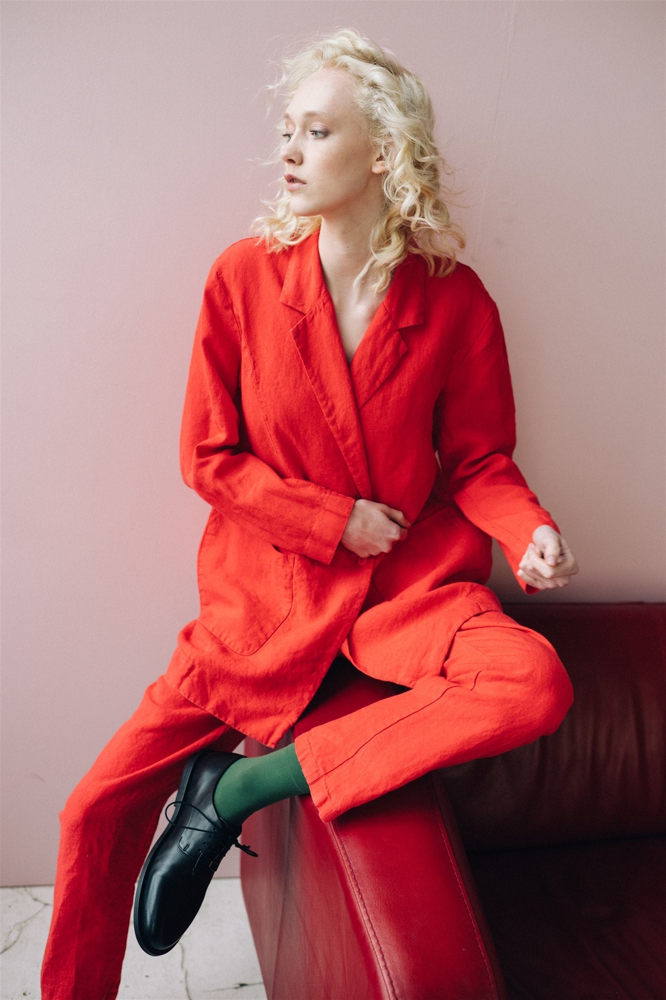 SANDER tailored pants and linen blazer coral red - MOO Linen Shop