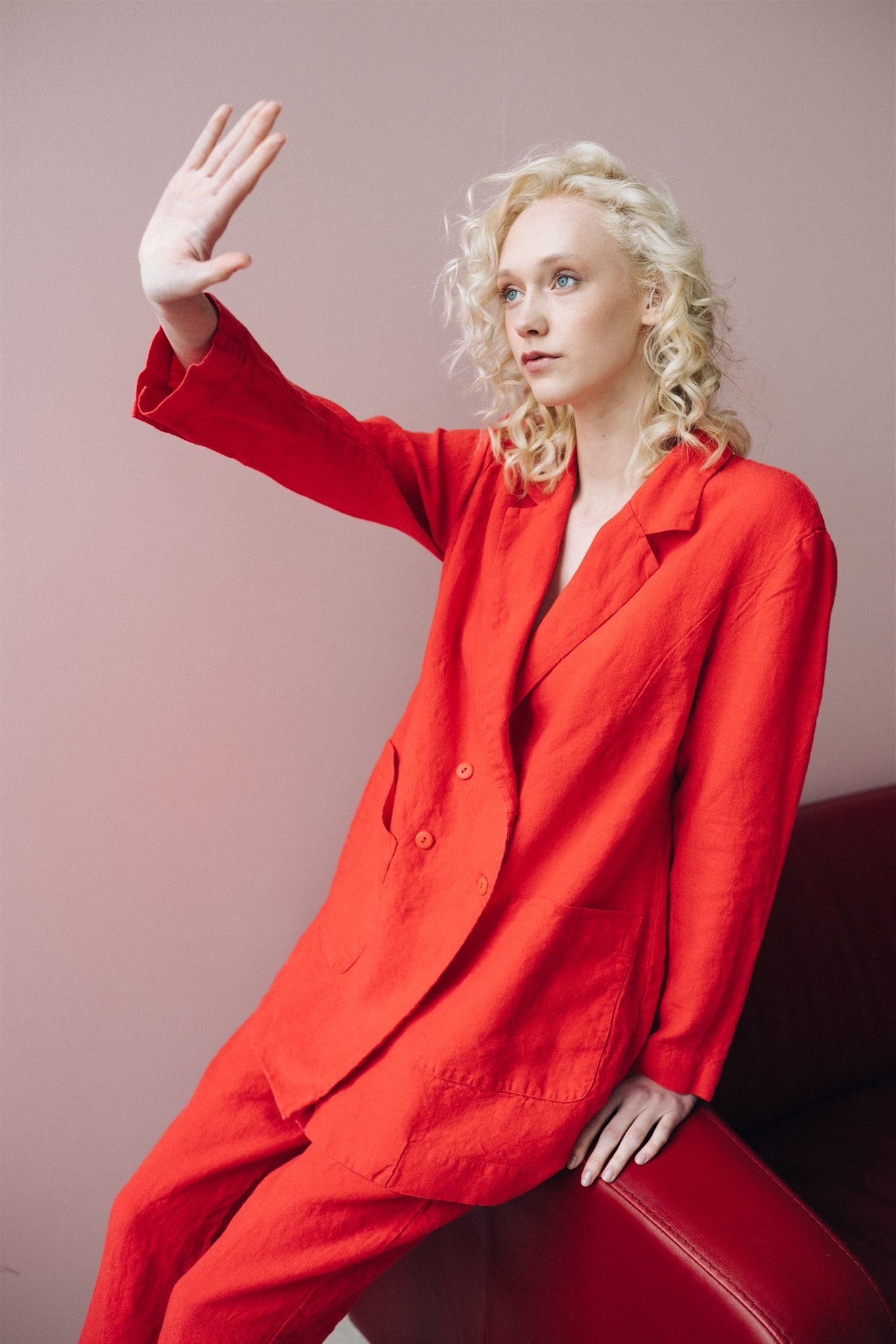 SANDER tailored pants and linen blazer coral red - MOO Linen Shop