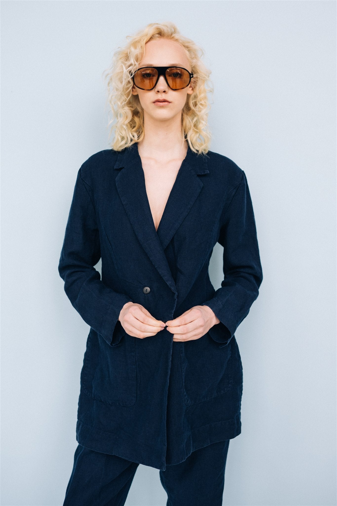 SANDER tailored pants and linen blazer dark blue - MOO Linen Shop