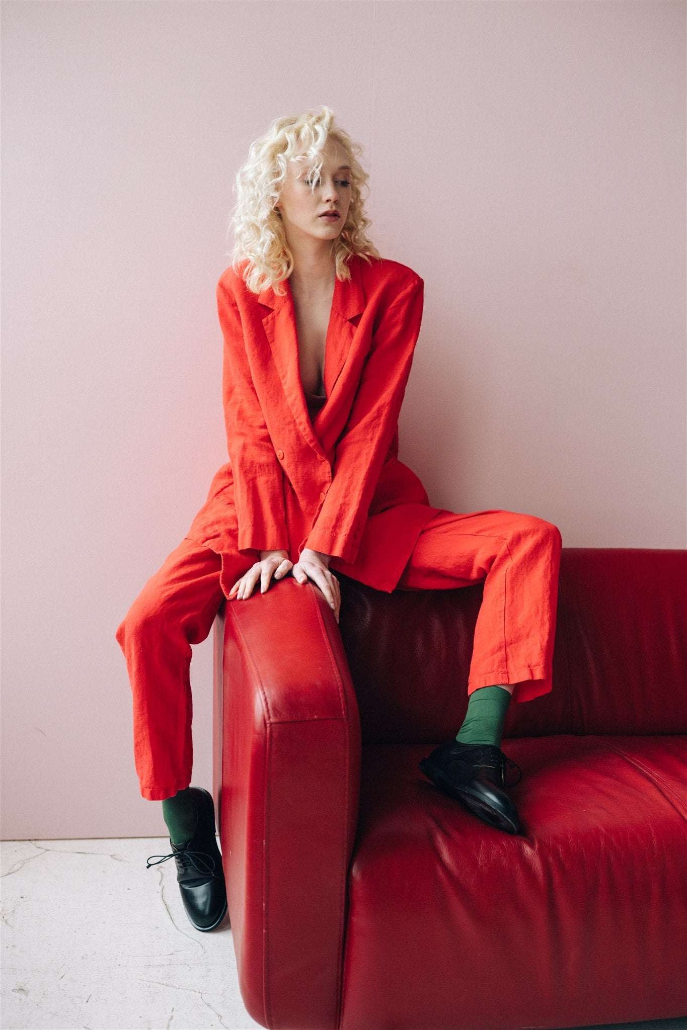 SANDER tailored pants and linen blazer coral red - MOO Linen Shop