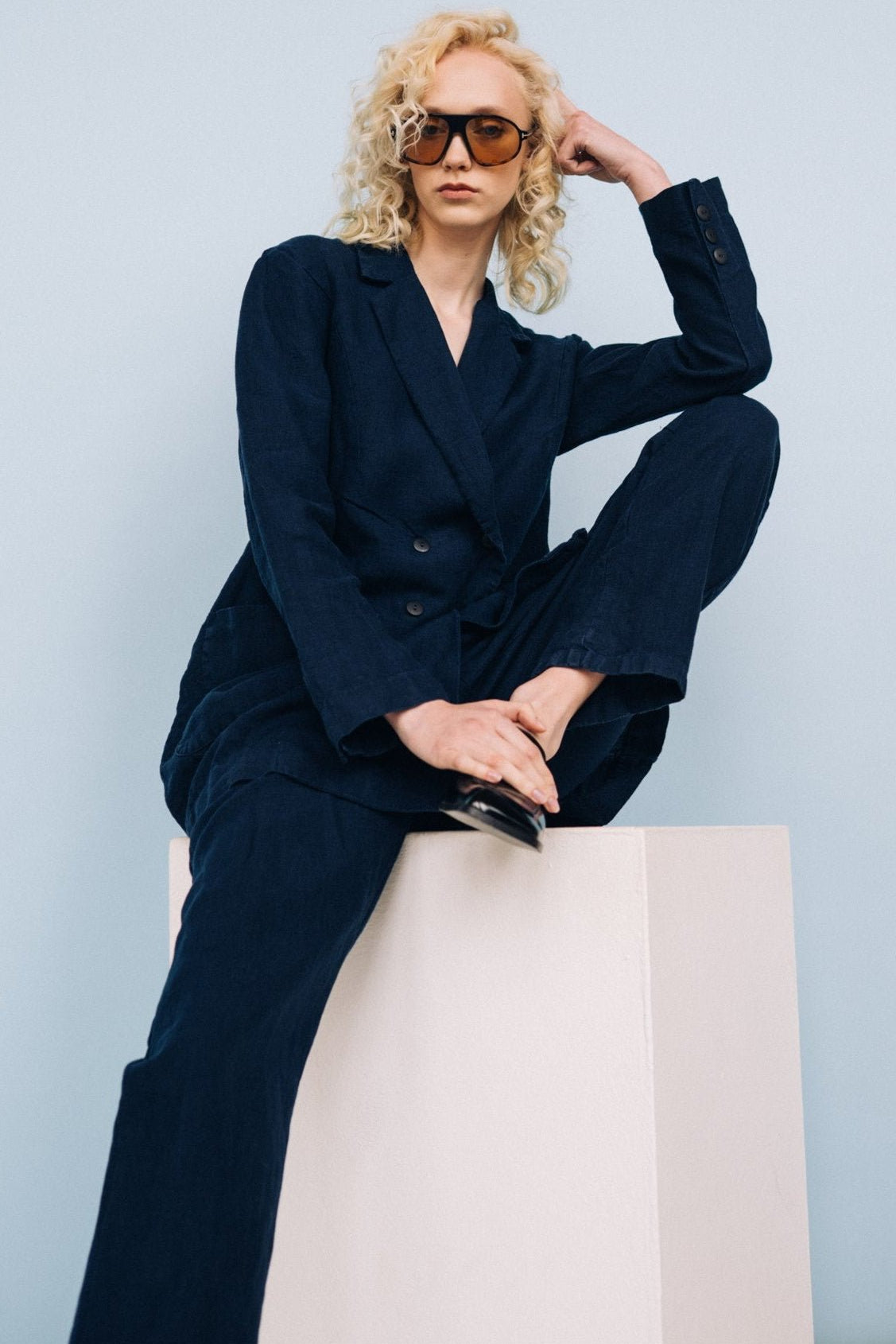 SANDER tailored pants and linen blazer dark blue - MOO Linen Shop