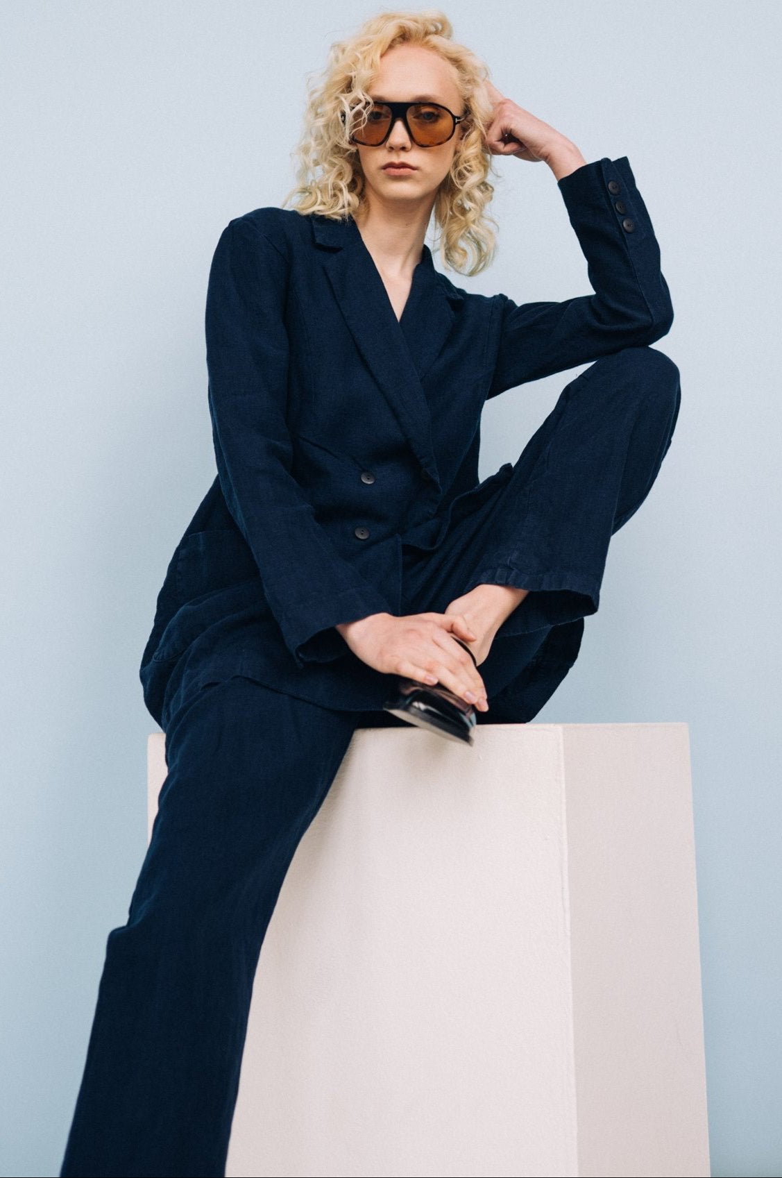 SANDER tailored pants and linen blazer dark blue - MOO Linen Shop