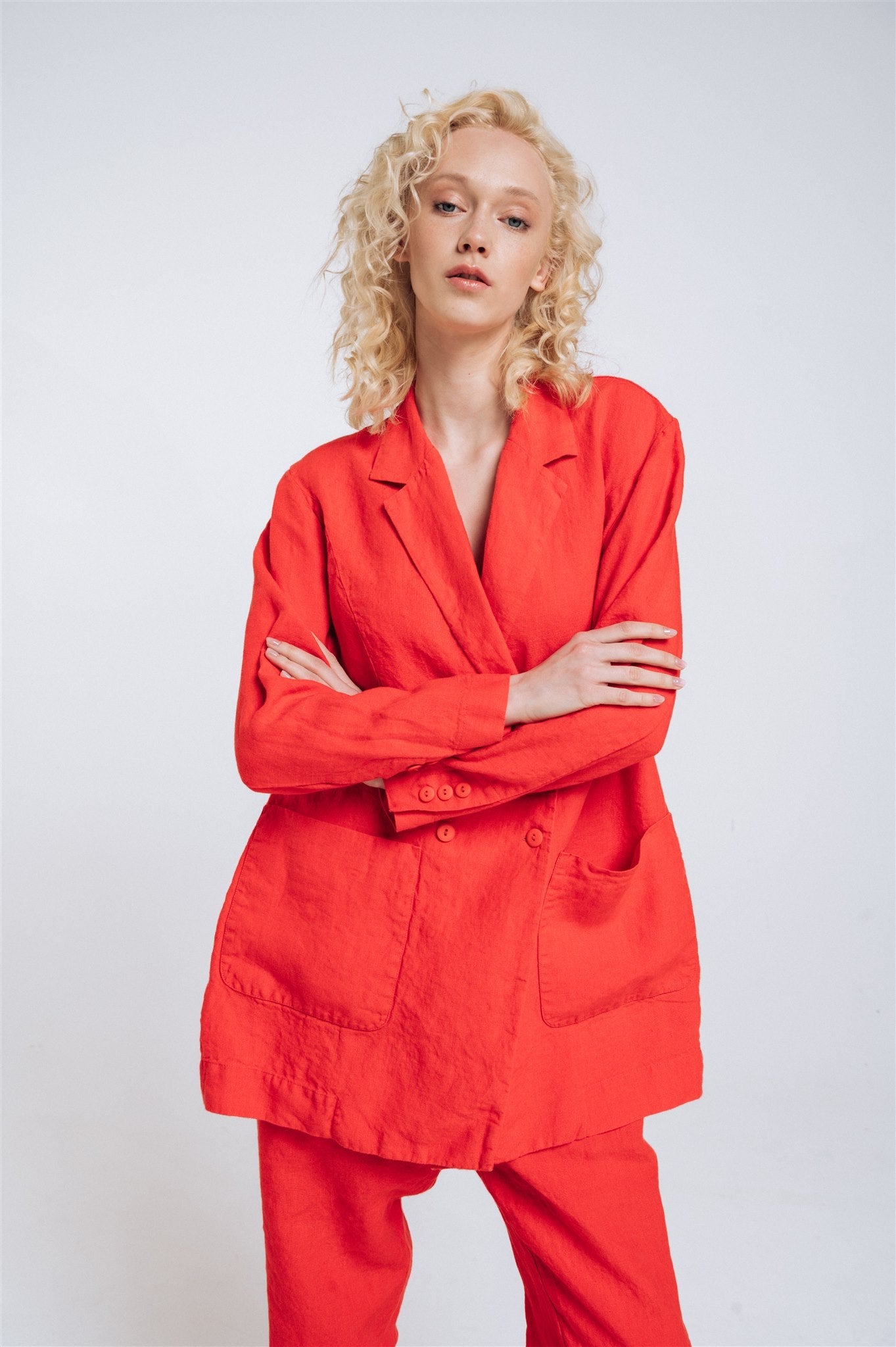 SANDER tailored pants and linen blazer coral red - MOO Linen Shop