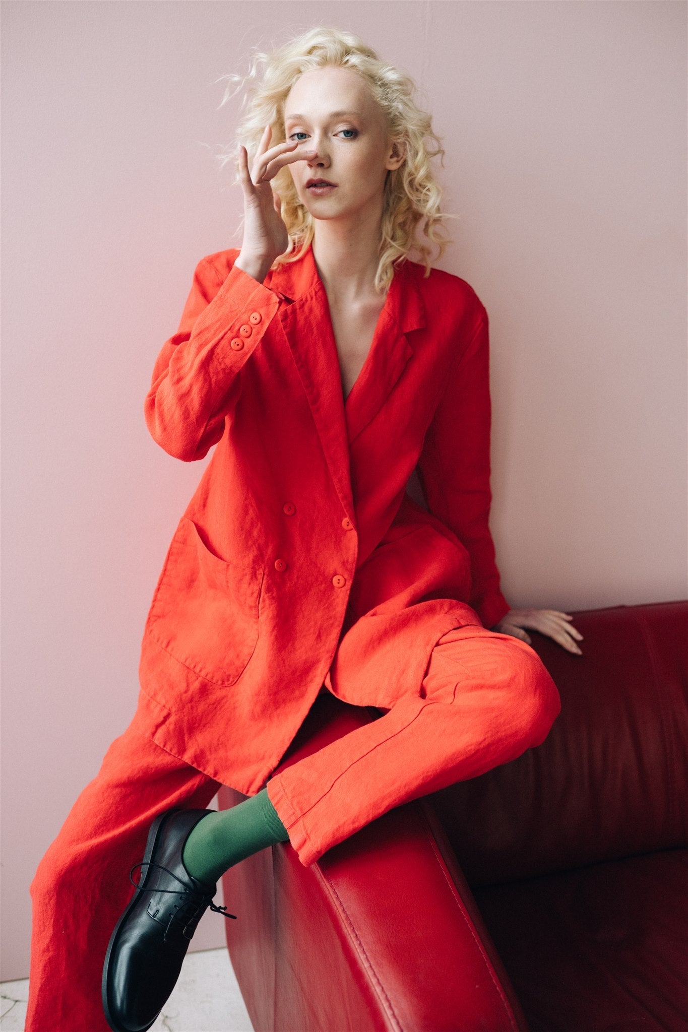 SANDER tailored pants and linen blazer coral red - MOO Linen Shop