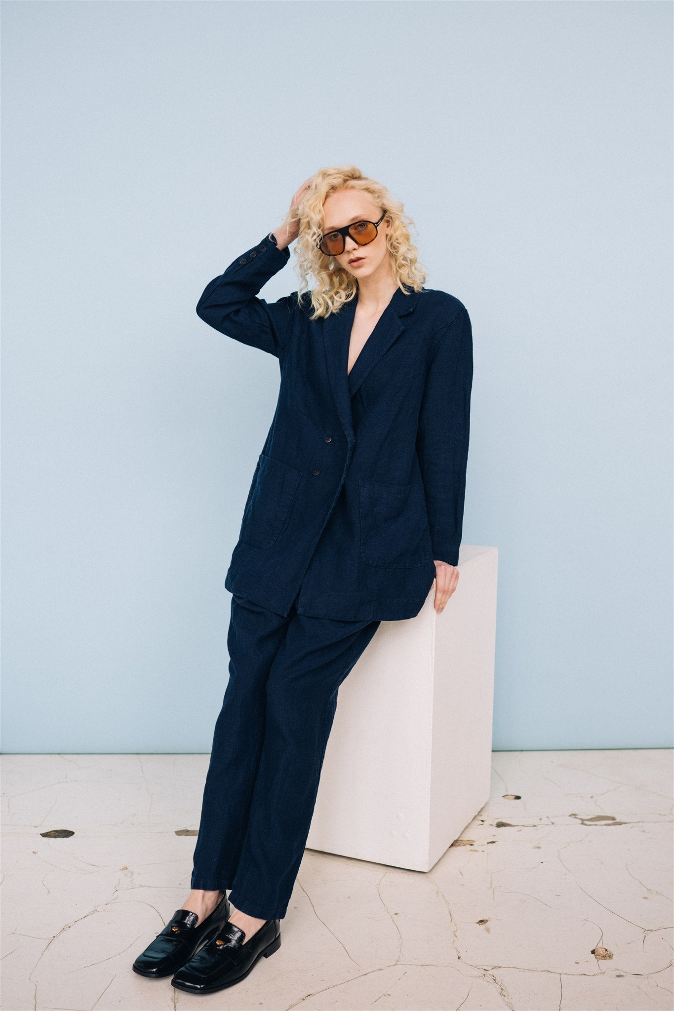 SANDER tailored pants and linen blazer dark blue - MOO Linen Shop