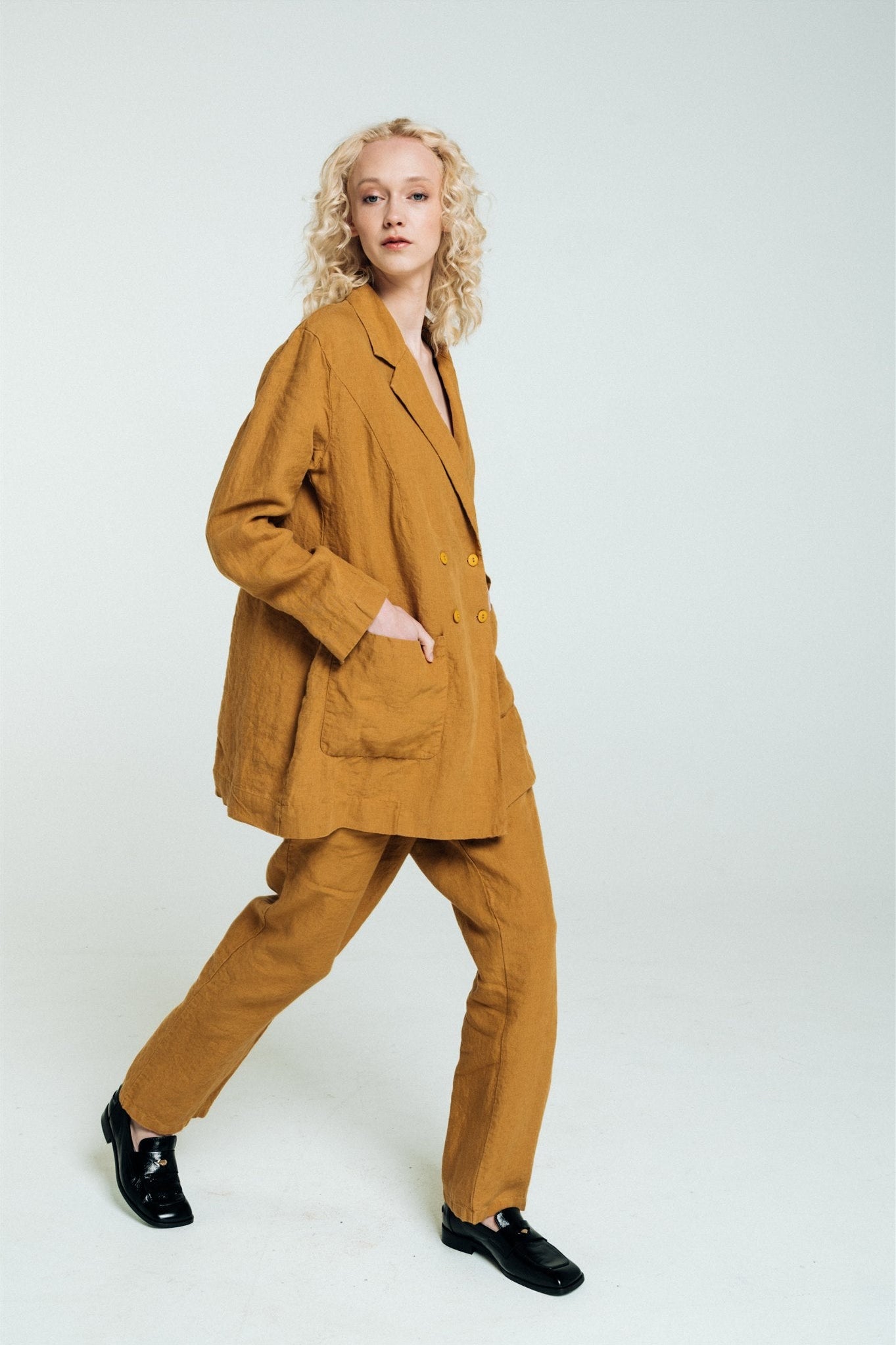 SANDER tailored pants and linen blazer mustard - MOO Linen Shop