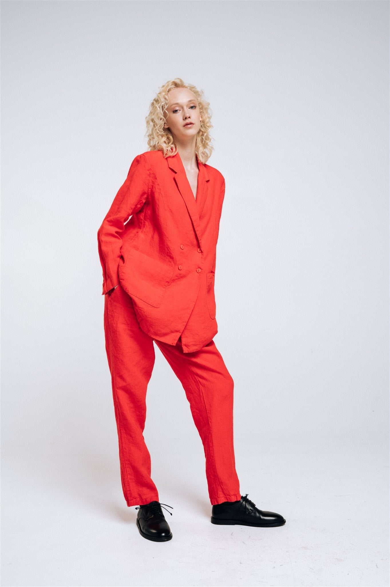 SANDER tailored pants and linen blazer coral red - MOO Linen Shop