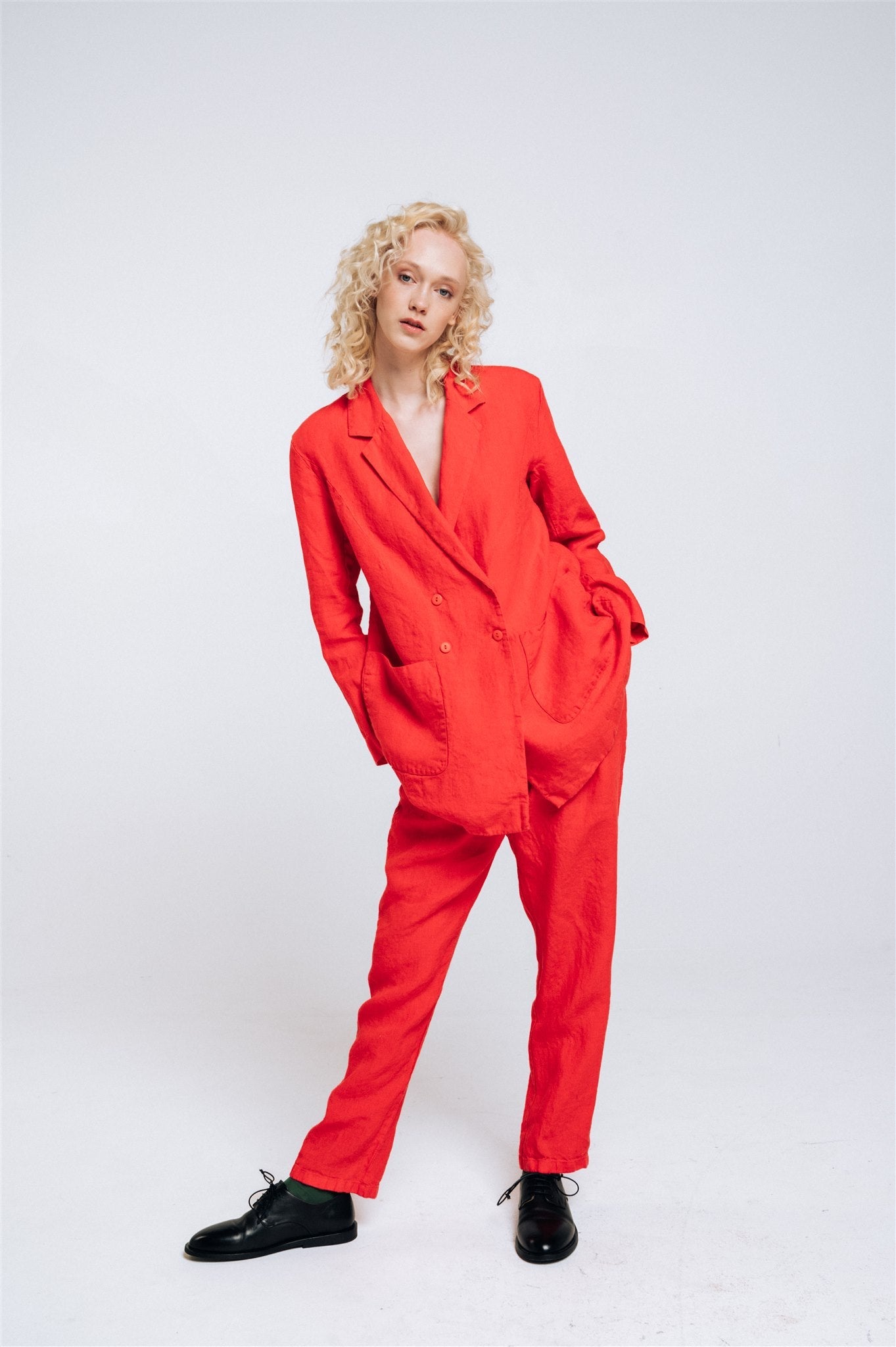 SANDER tailored pants and linen blazer coral red - MOO Linen Shop