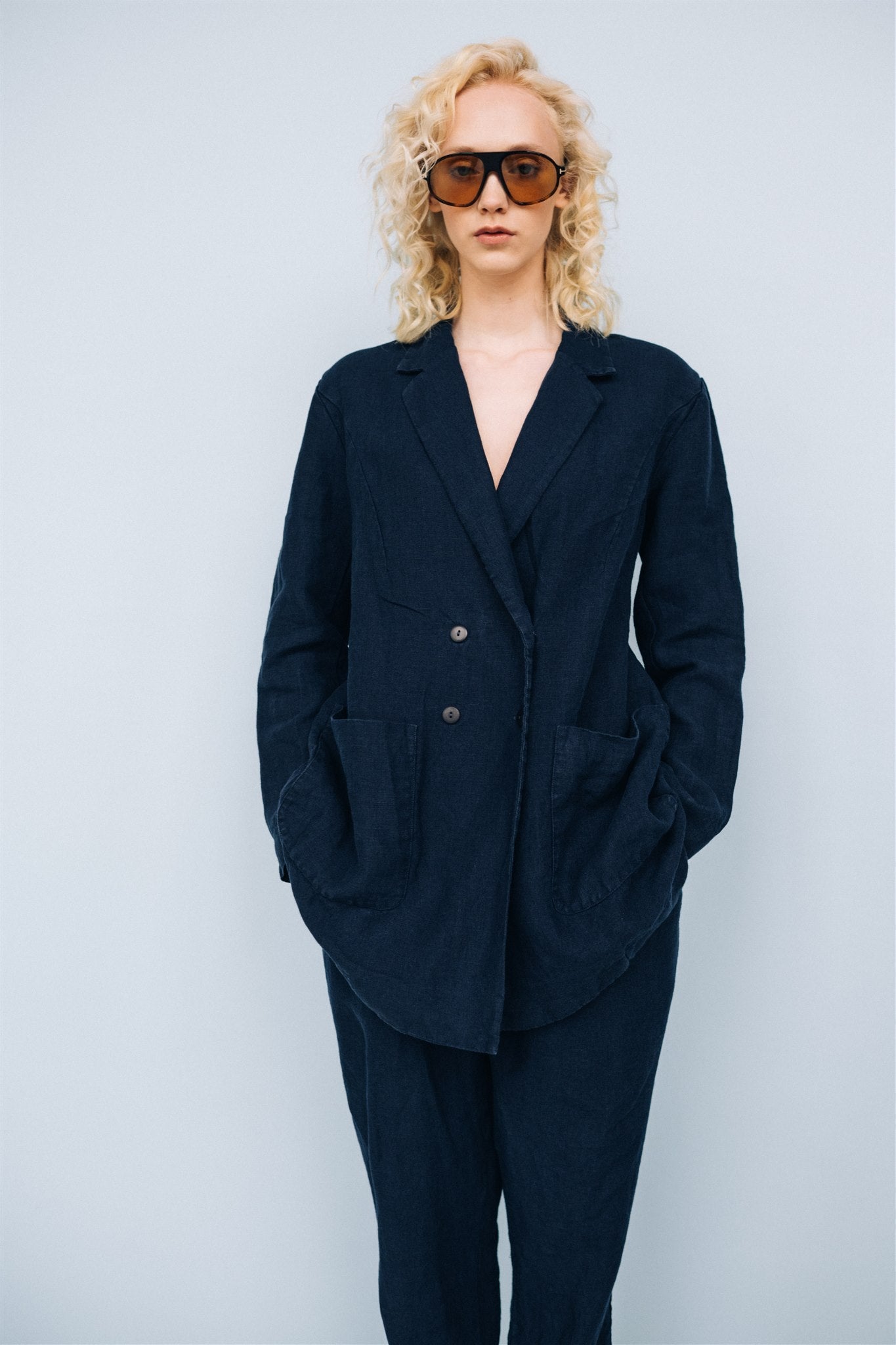SANDER tailored pants and linen blazer dark blue - MOO Linen Shop