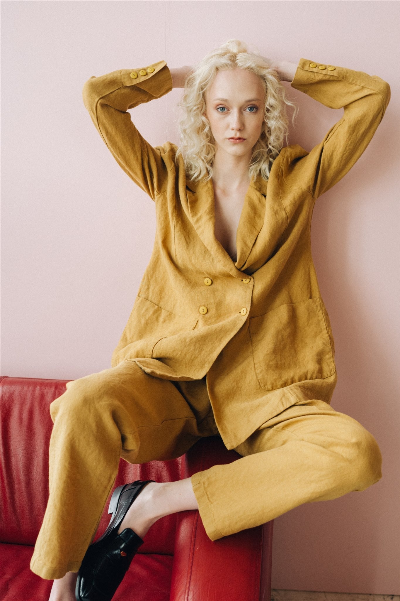 SANDER tailored pants and linen blazer mustard - MOO Linen Shop