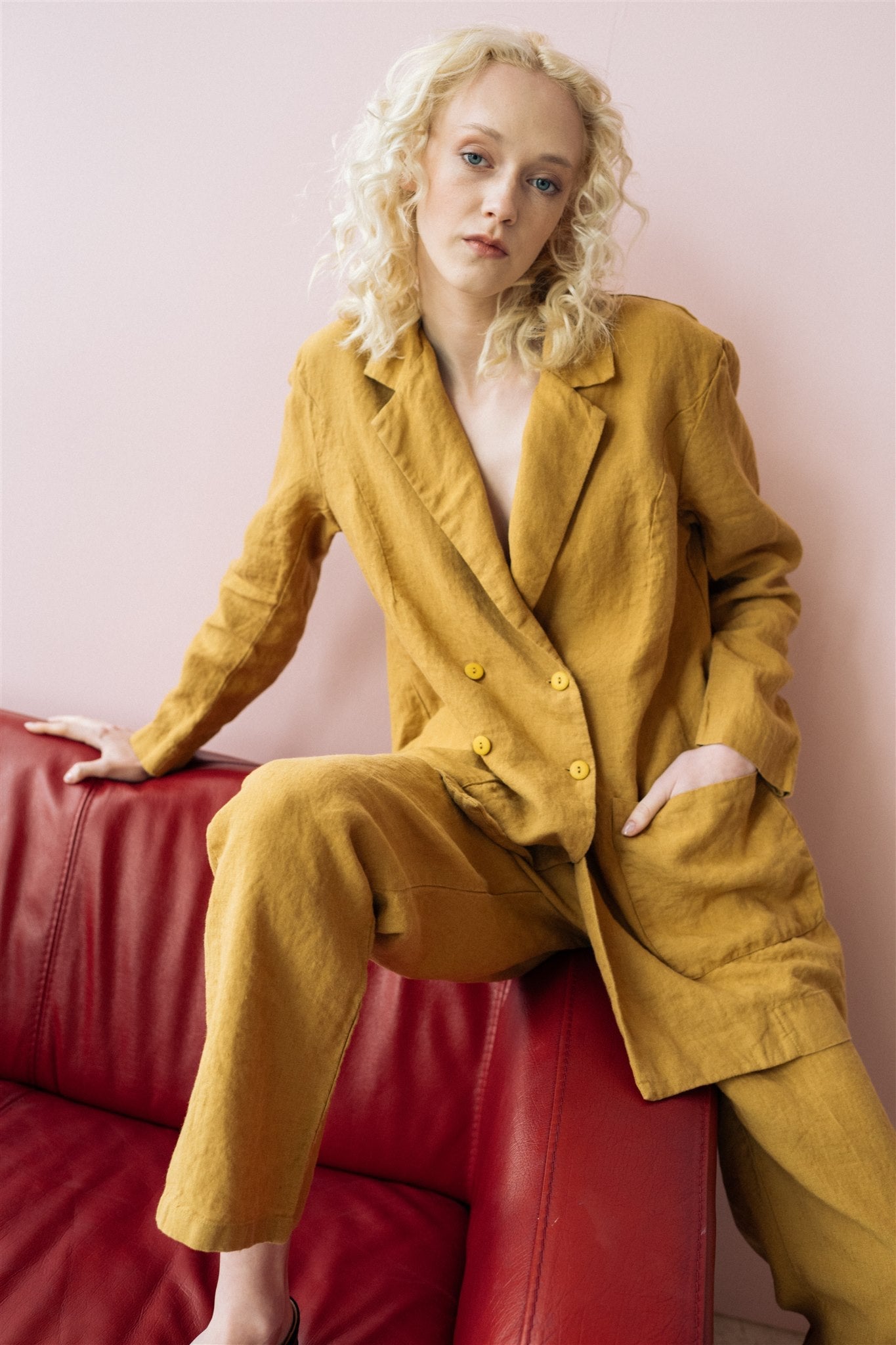 SANDER tailored pants and linen blazer mustard - MOO Linen Shop