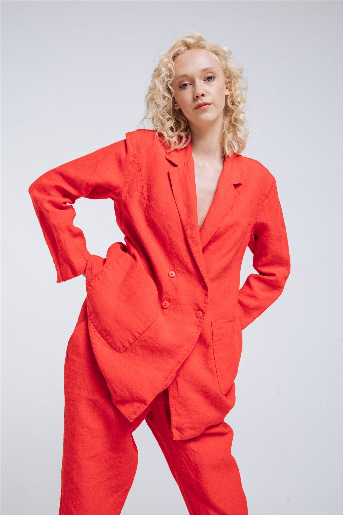 SANDER tailored pants and linen blazer coral red - MOO Linen Shop