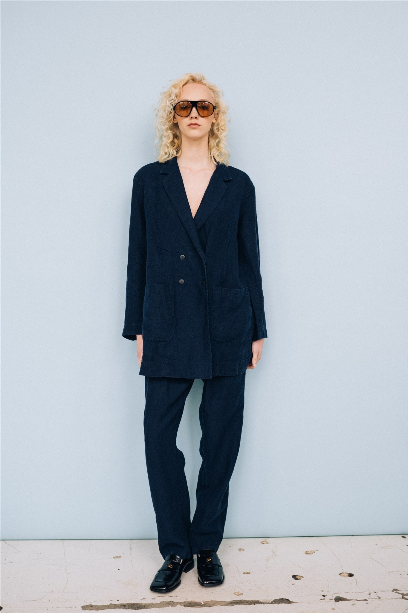 SANDER tailored pants and linen blazer dark blue - MOO Linen Shop