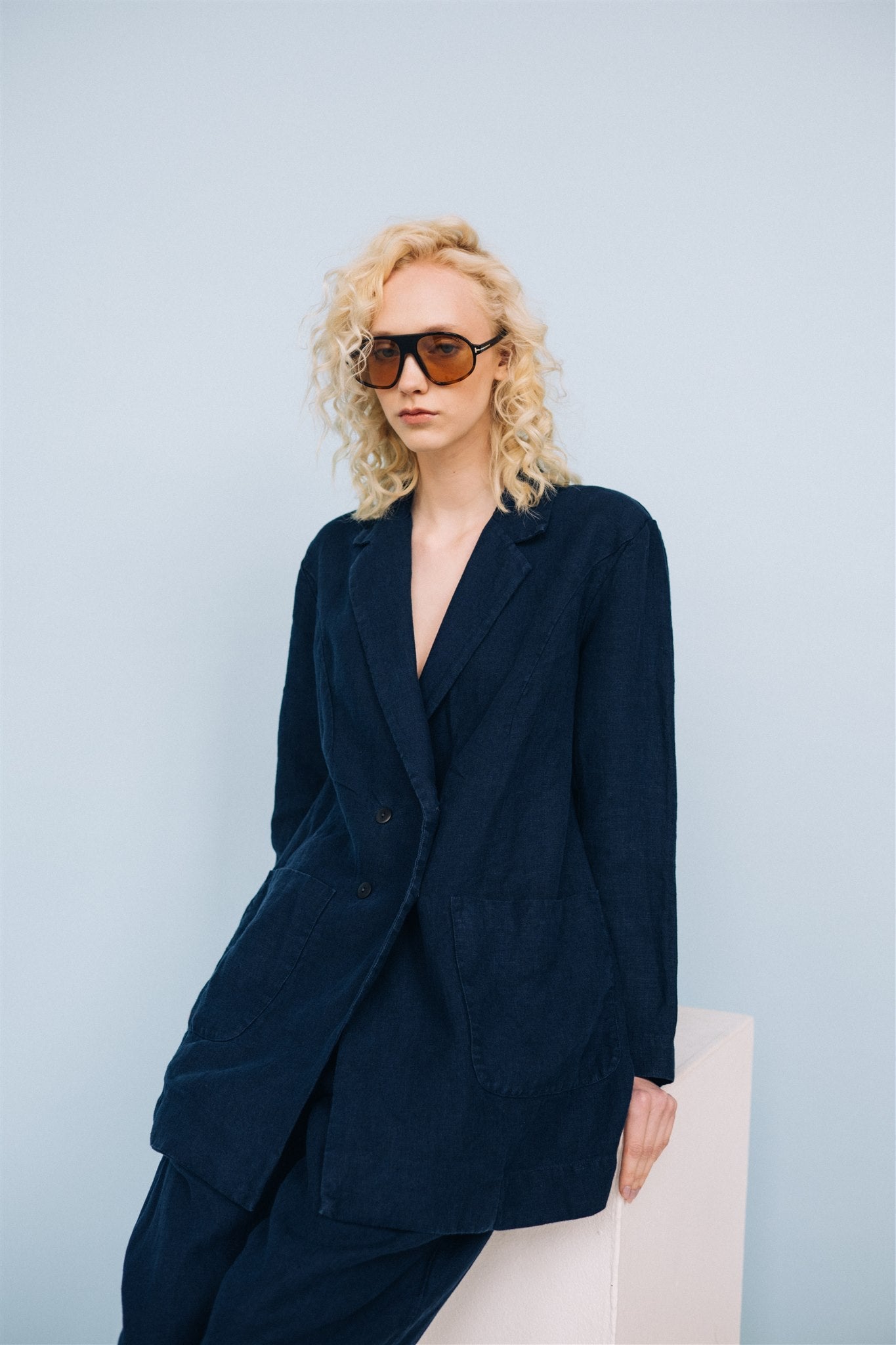 SANDER tailored pants and linen blazer dark blue - MOO Linen Shop