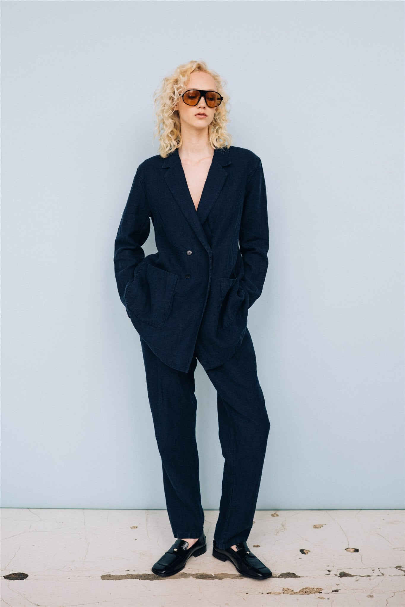 SANDER tailored pants and linen blazer dark blue - MOO Linen Shop