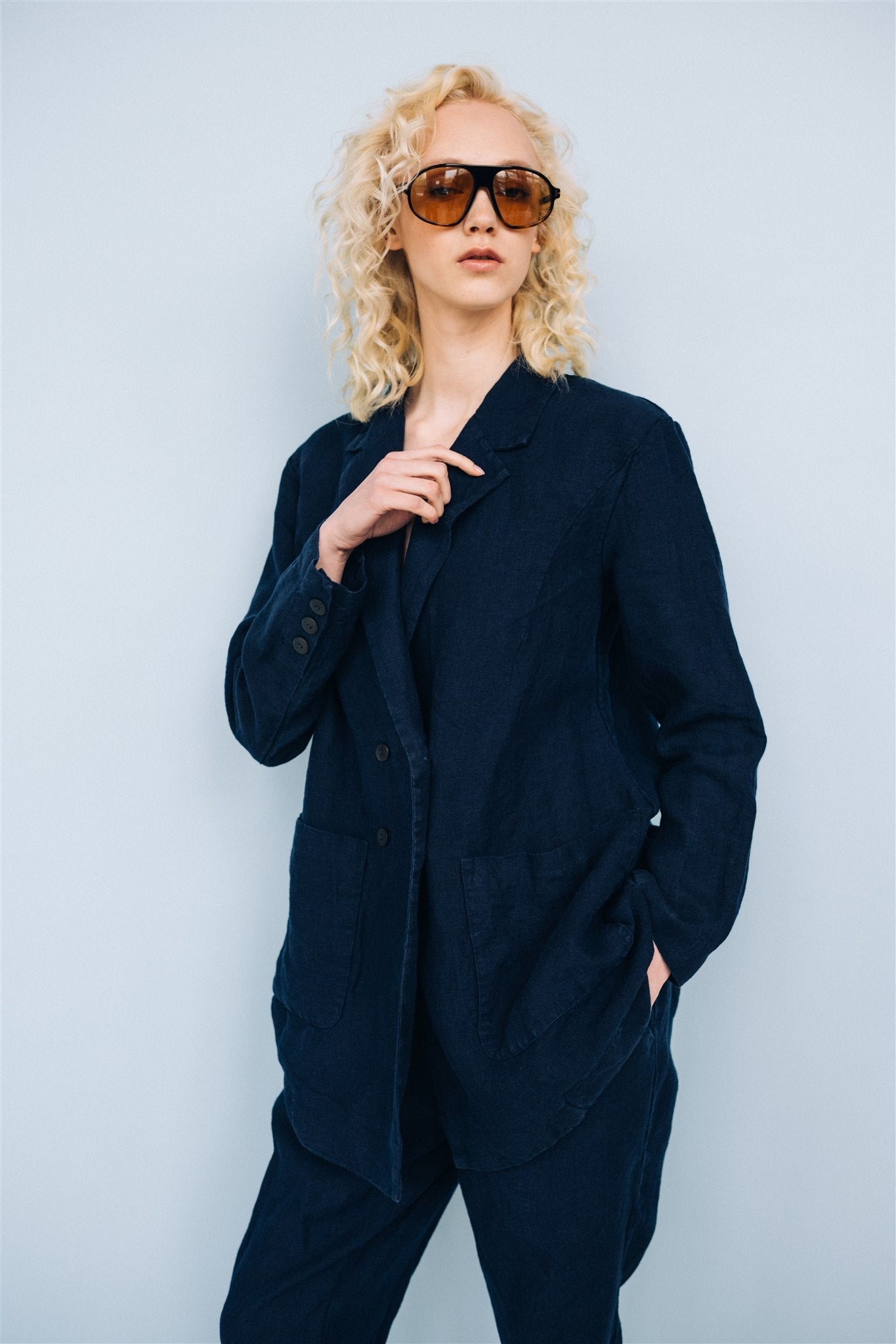 SANDER tailored pants and linen blazer dark blue - MOO Linen Shop