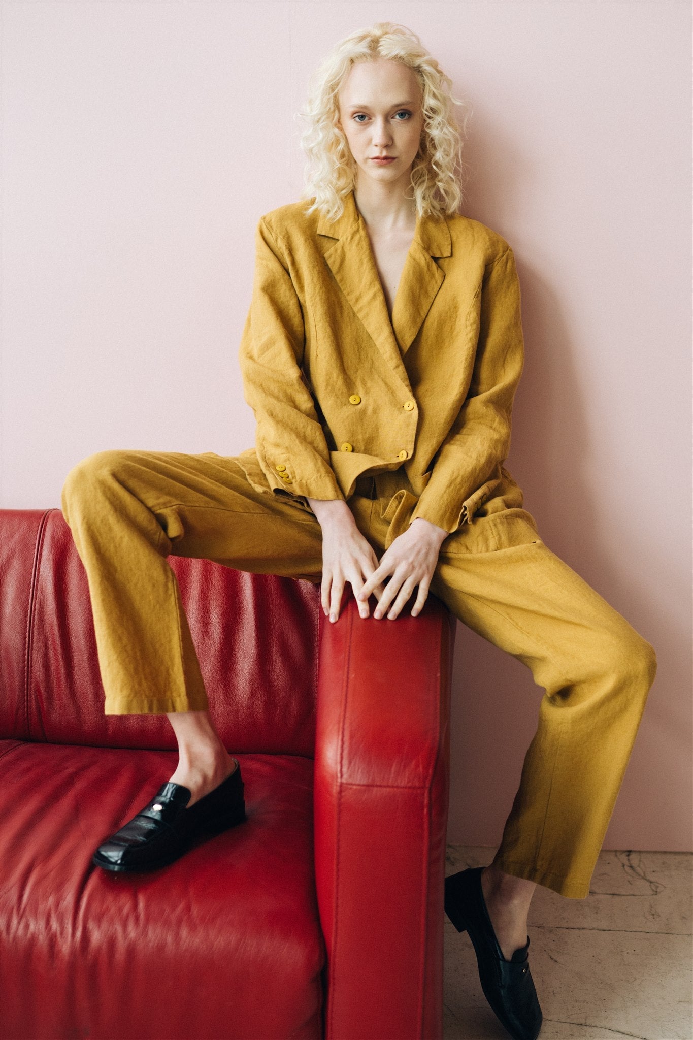 SANDER tailored pants and linen blazer mustard - MOO Linen Shop
