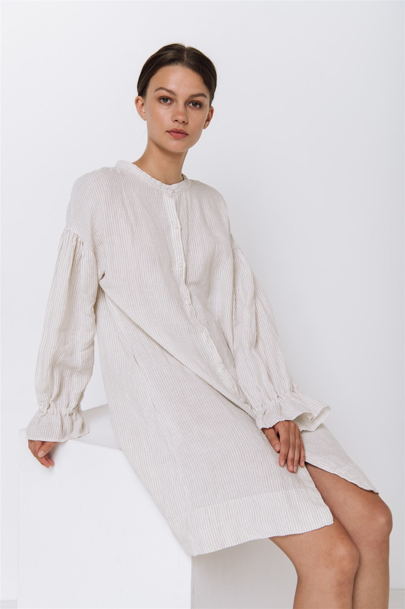 STELLA linen shirt dress white - MOO Linen Shop