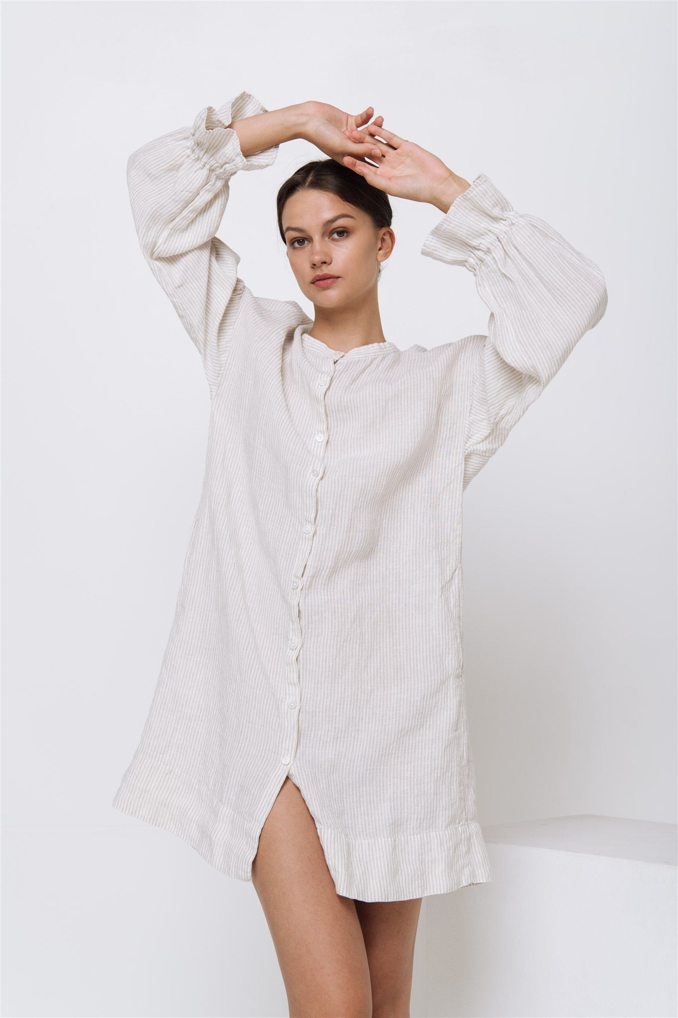 STELLA linen shirt dress white - MOO Linen Shop