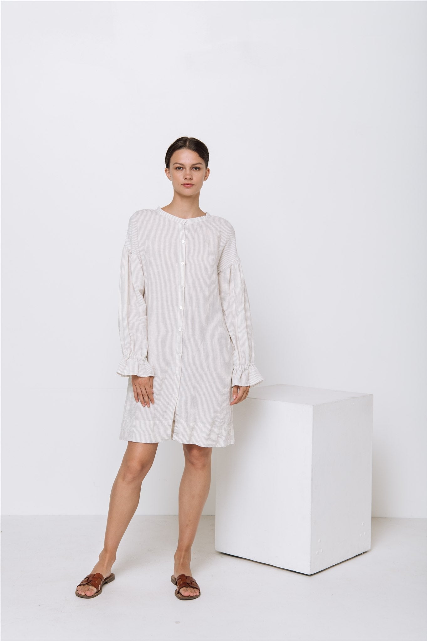STELLA linen shirt dress white - MOO Linen Shop