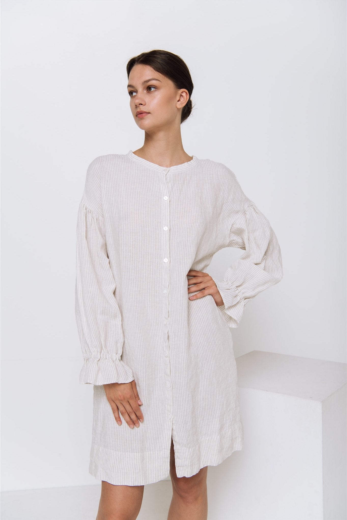 STELLA linen shirt dress white - MOO Linen Shop