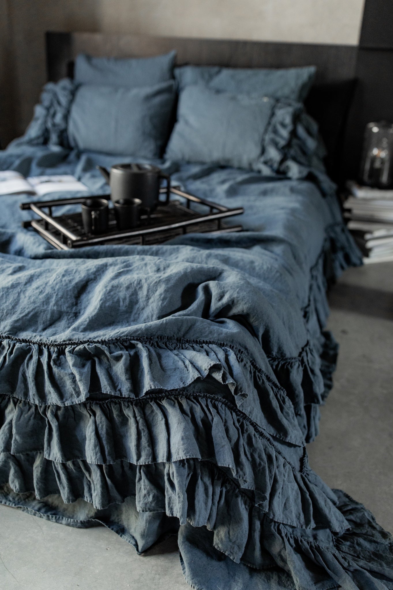 Tripple ruffled duvet cover set white - MOO Linen Shop