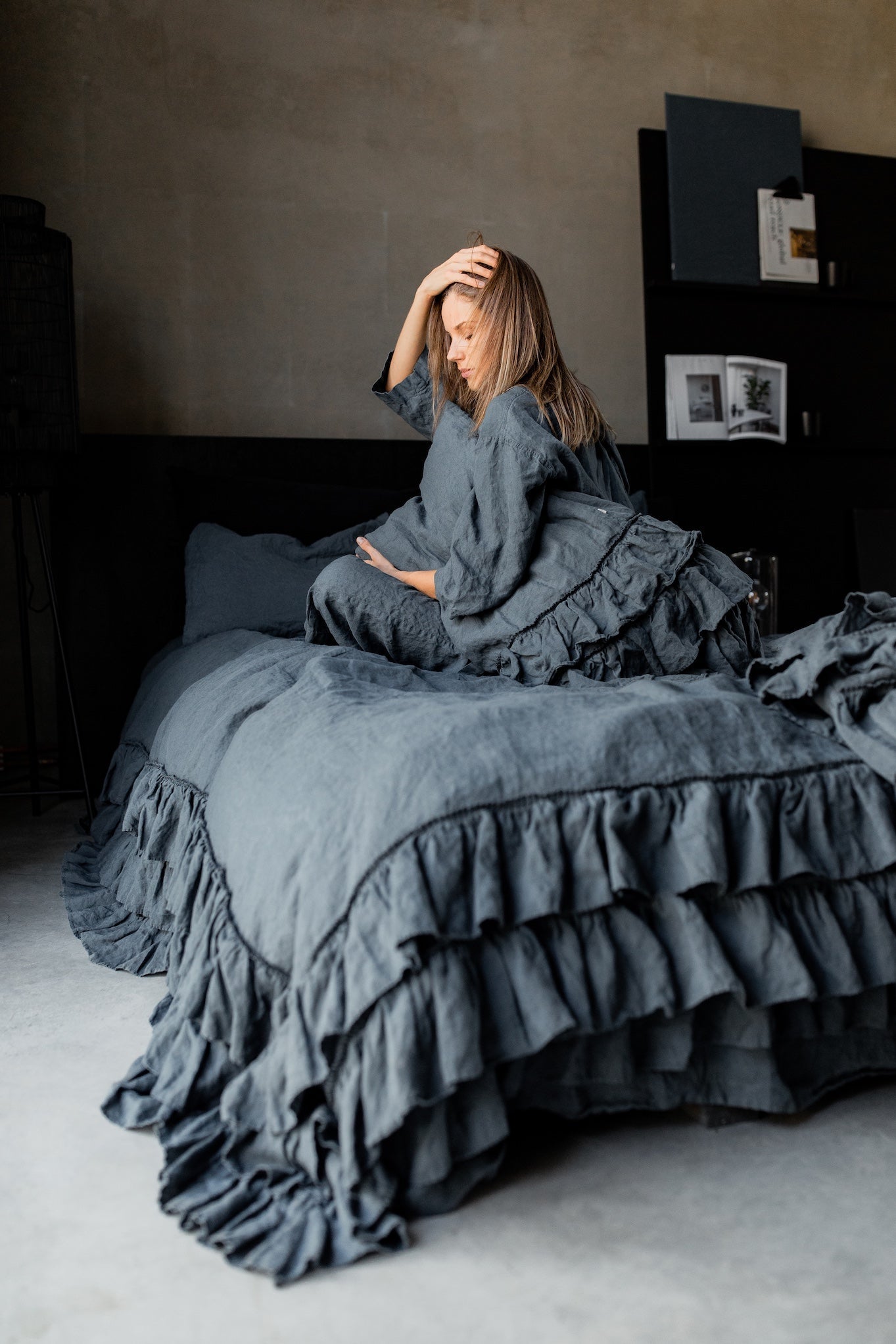 Tripple ruffled duvet cover set white - MOO Linen Shop