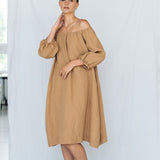 STELLAR off the shoulder dress camel - MOO Linen Shop