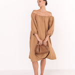 STELLAR off the shoulder dress camel - MOO Linen Shop